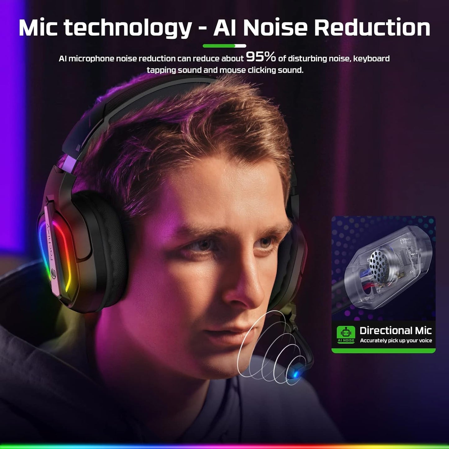 FC200 PC Gaming Headset for PS4, PS5, Switch, Xbox One, Mac, Noise Canceling Headphones with Microphone, Computer Headset with 3.5mm Jack & RGB Light