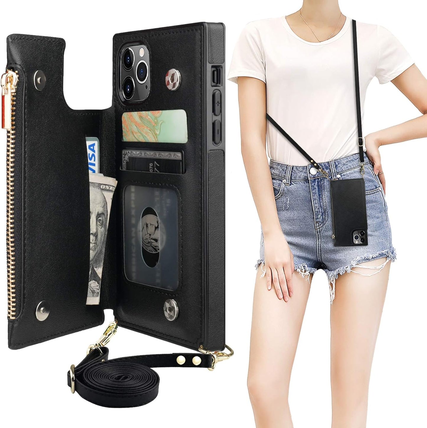 Bocasal Crossbody Wallet Case for iPhone 11 Pro with Card Holder,Zipper Card Slot Protector Shockproof Purse Cover with Removable Cross Body Strap 5.8 Inch(Black)