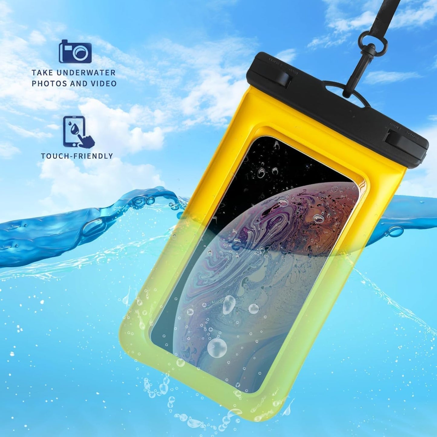 Floatable Soap Bubble Waterproof Phone Pouch/Case with Crossbody Lanyard for iPhone 16 Pro Max/15 Pro/14/13/12, IP68 Cellphone Dry Bag Beach Cruise Ship Essentials, 1 Pack-Yellow-7″