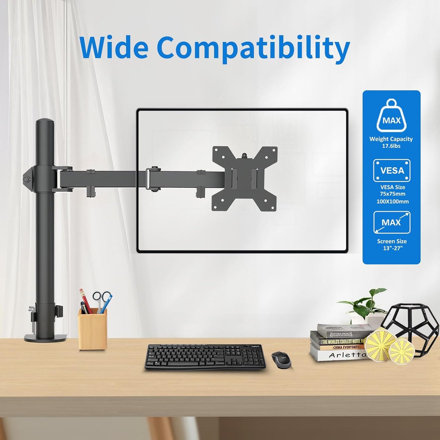 H&C(hcck&Cllassp) Single Monitor Mount, Desk Mount with Swivel, Tilt, Rotation, Height Adjustable, VESA Mount for 17-27” Monitors up to 17.6 lbs, Monitor Stand with C-Clamp, Black