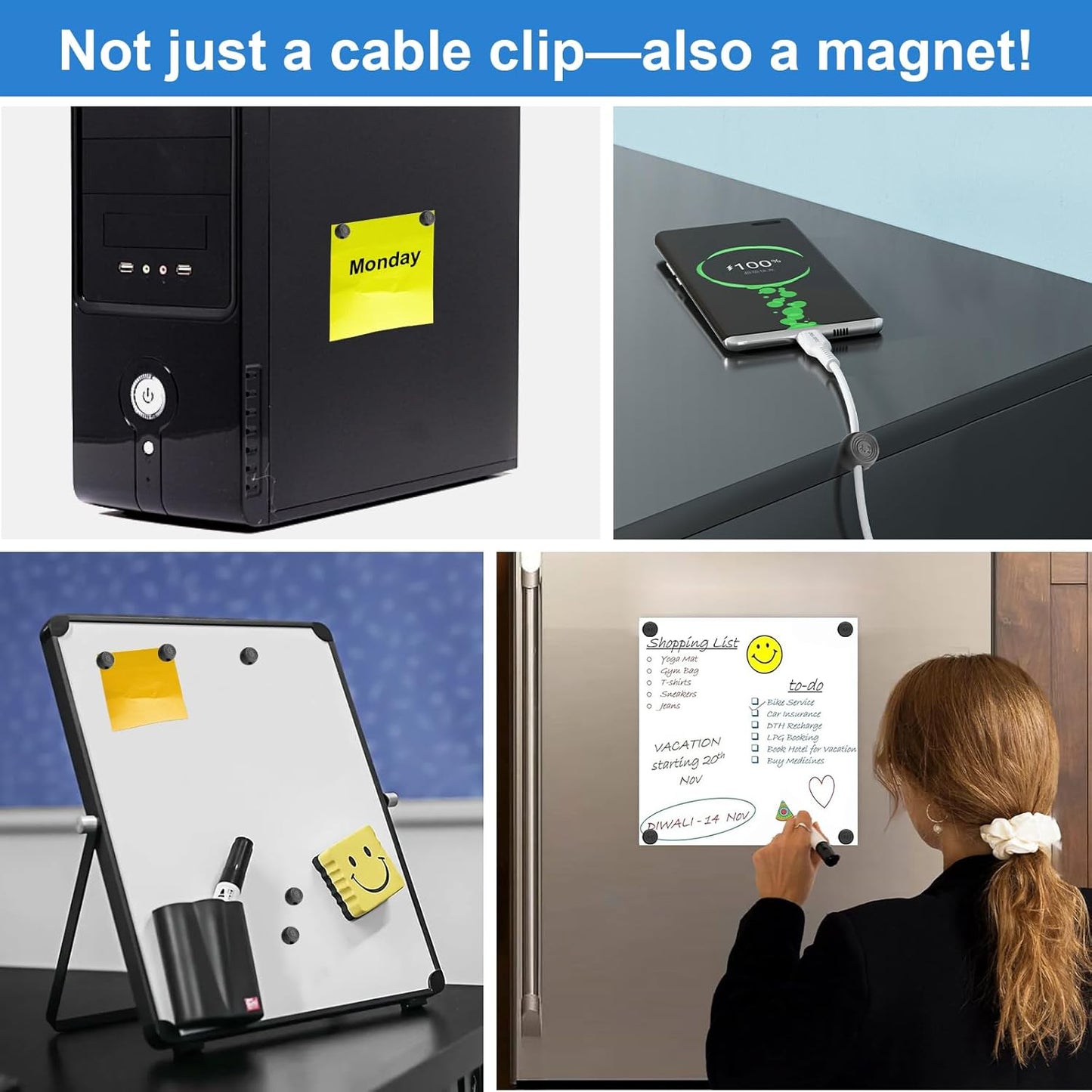 Wanheart Magnetic Cord Holders, Magnetic Cable Organizer for Desk – Multipurpose Wire Clips for Lightning, USB-C, Micro Chargers, Attach to Magnetic Surface – Office & Home Use (6 Round Clips)