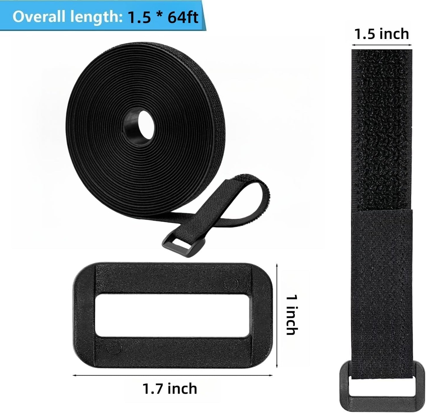 64ft 1.5 Inch Wide Cable Straps, Jumpso Adjustable Fastening Hook and Loop Straps with 50 Buckles, Reusable Nylon Cut-to-Length Cinch Straps for Organizer or Storage, Black