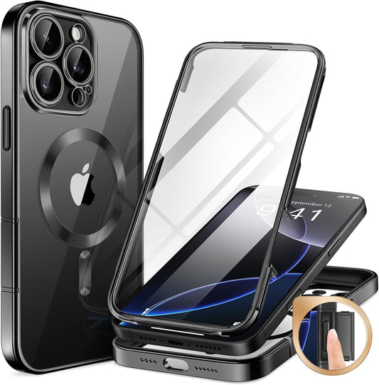BERFY Magnetic for iPhone 16 Pro Case, Compatible with Magsafe, Built-in 9H Tempered Glass Screen Protector & Upgraded Camera Protection, Full-Body Plating Shockproof Phone Case for 16 Pro 6.3", Black