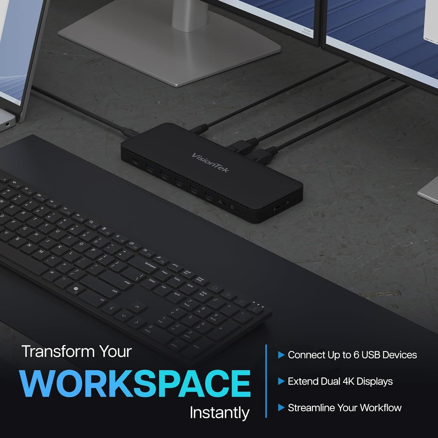 VisionTek VT4600DL Laptop Docking Station for Windows, MacOS or ChromeOS — Connect with USB-C or USB-A, 100W Laptop Charging, Dual 4K Displays, 2X HDMI, 2X DisplayPort, USB-A, USB-C, Audio, Ethernet