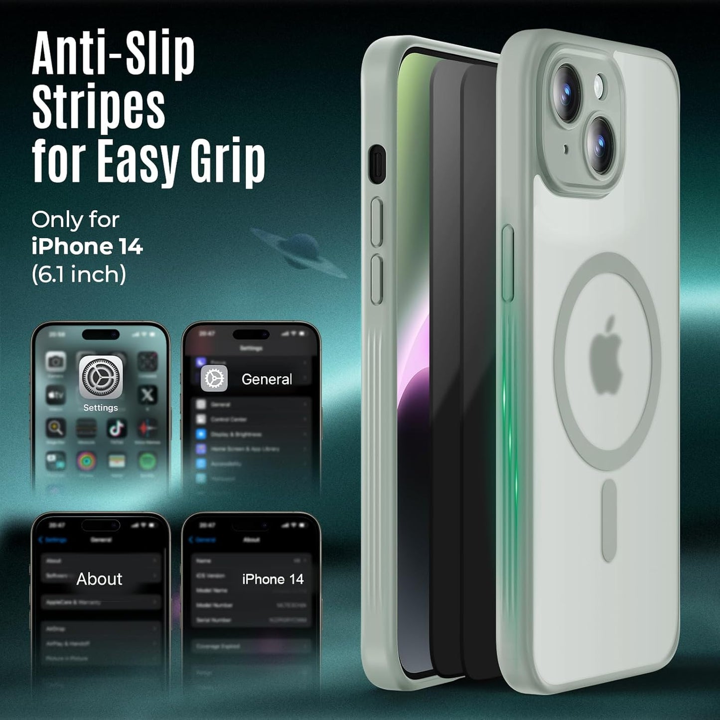 Designed for iPhone 14 Case, Compatible with MagSafe, with Privacy Screen Protectors X2, [Camera Protection] [15FT Military Drop Protection] Shockproof Phone Case, 6.1", Calke Green