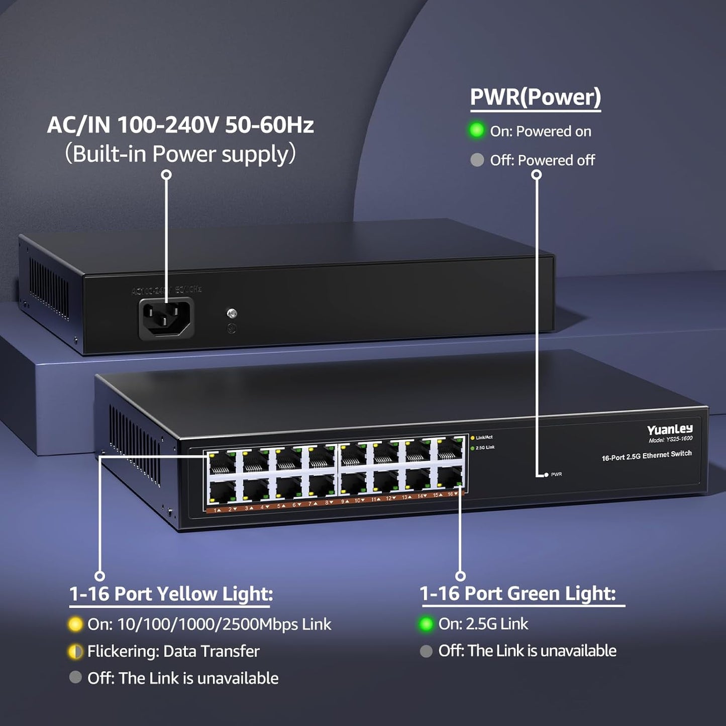 YuanLey 16 Port 2.5GB Umanaged Ethernet Switch, 16 x 2.5G Base-T Ports, Compatible with 100/1000/2500Mbps, Metal Fanless, Desktop/Rack Mount YuanLey 2.5 Gigabit Network Switch for Wireless AP, PC