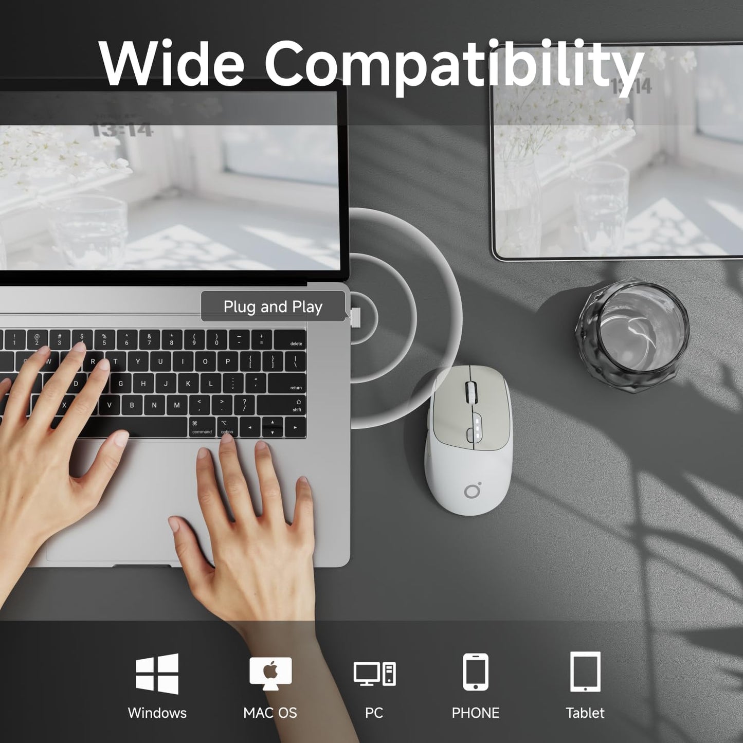 EWEADN Q5 Wireless Mouse, Bluetooth & 2.4G Quiet Computer Mouses with 1600 DPI, Battery Level Display, Ergonomic Office Mouse,6 Button Portable Cute Cordless Mice for Laptop/PC/Mac- Grey