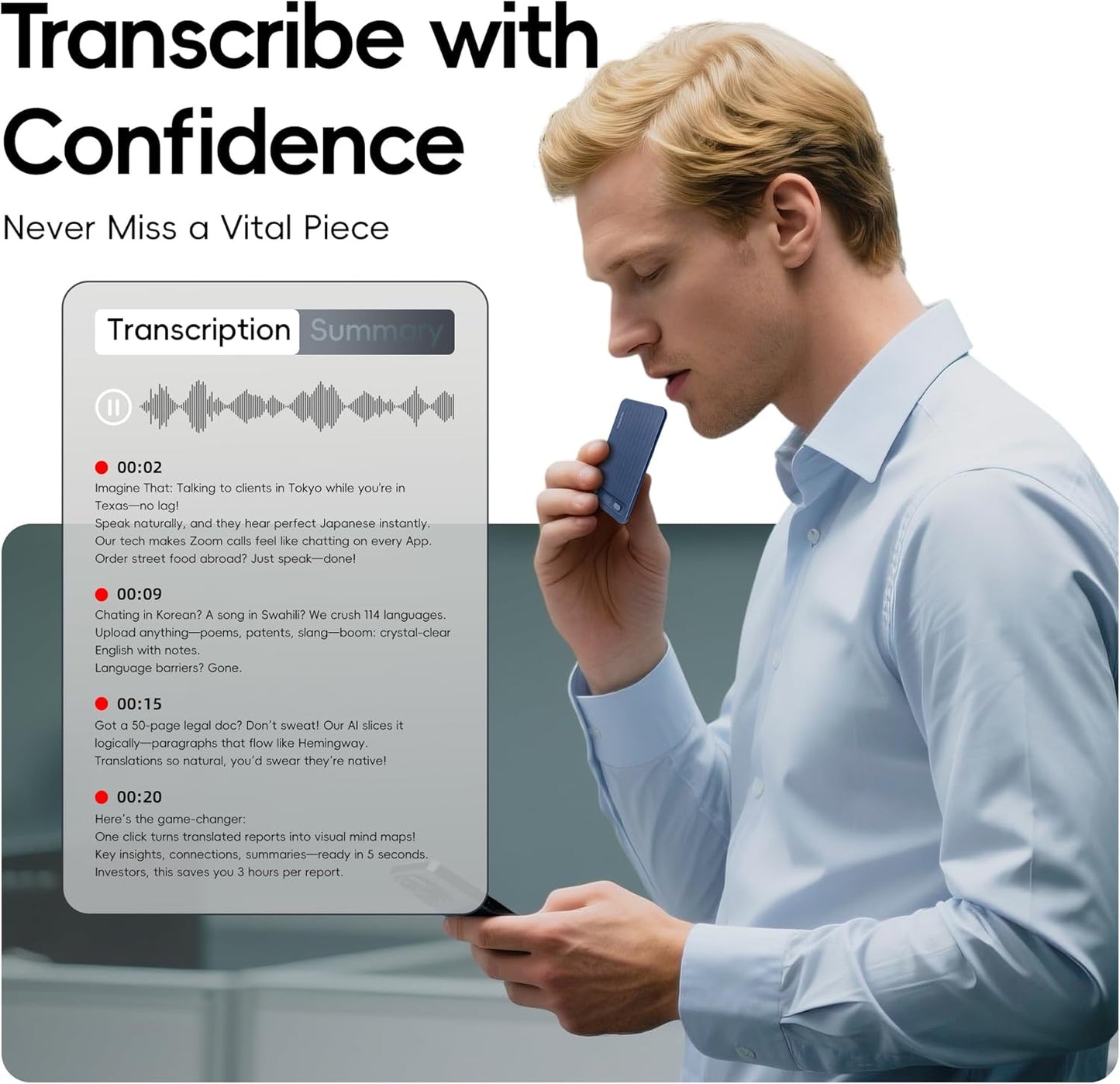 AI Voice Recorder, Parkuetechno Voice Recorder with Case, App Control, Transcribe & Summarize with AI Technology, 64GB Memory, Supports 140 Languages, Audio Recorder for Phone Calls Lectures