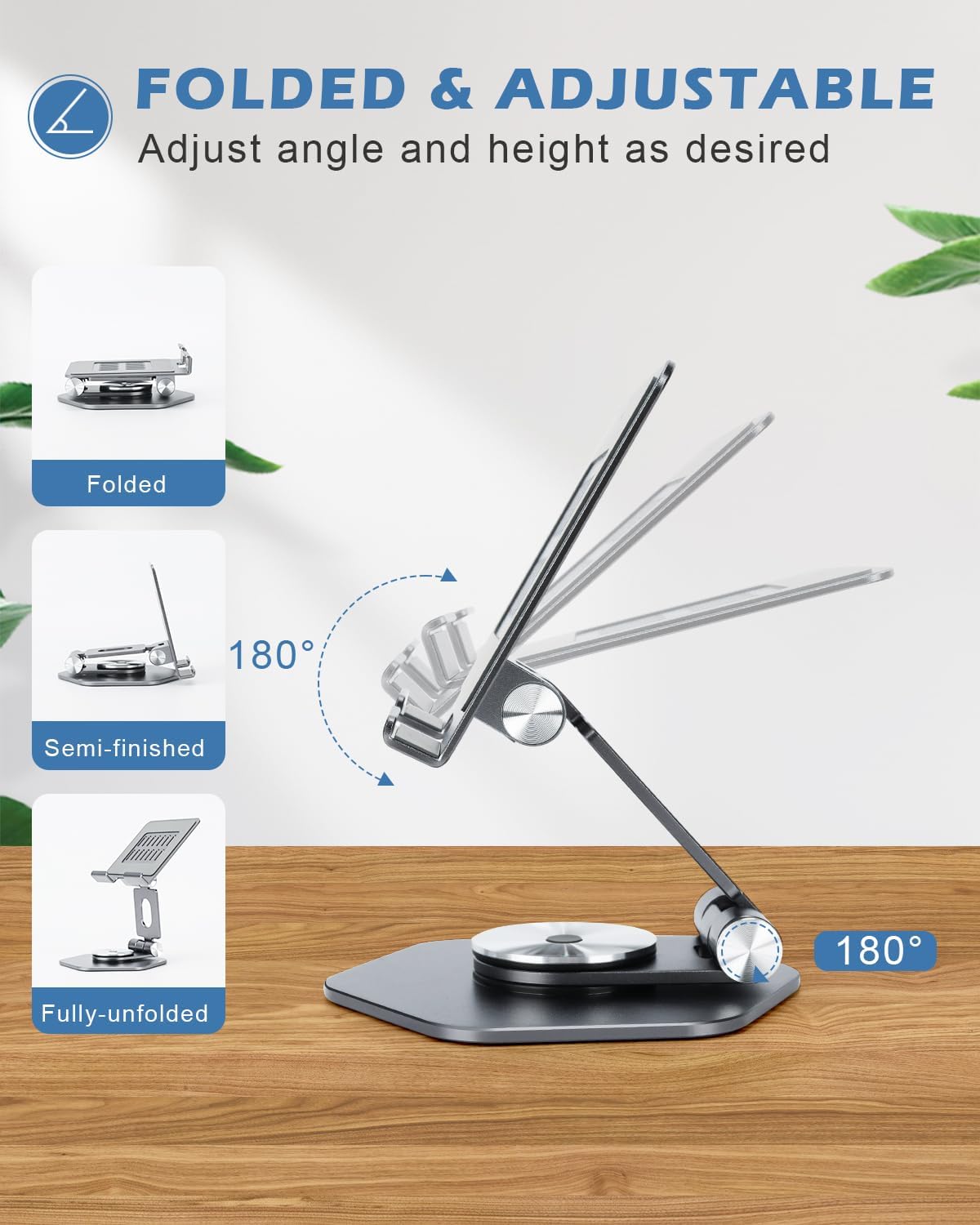 Foldable Aluminum Tablet Stand for Desk, 360° Swivel iPad & Tablet Holder – Portable & Stable Desktop Mount for 5–12.9in Devices, Grey