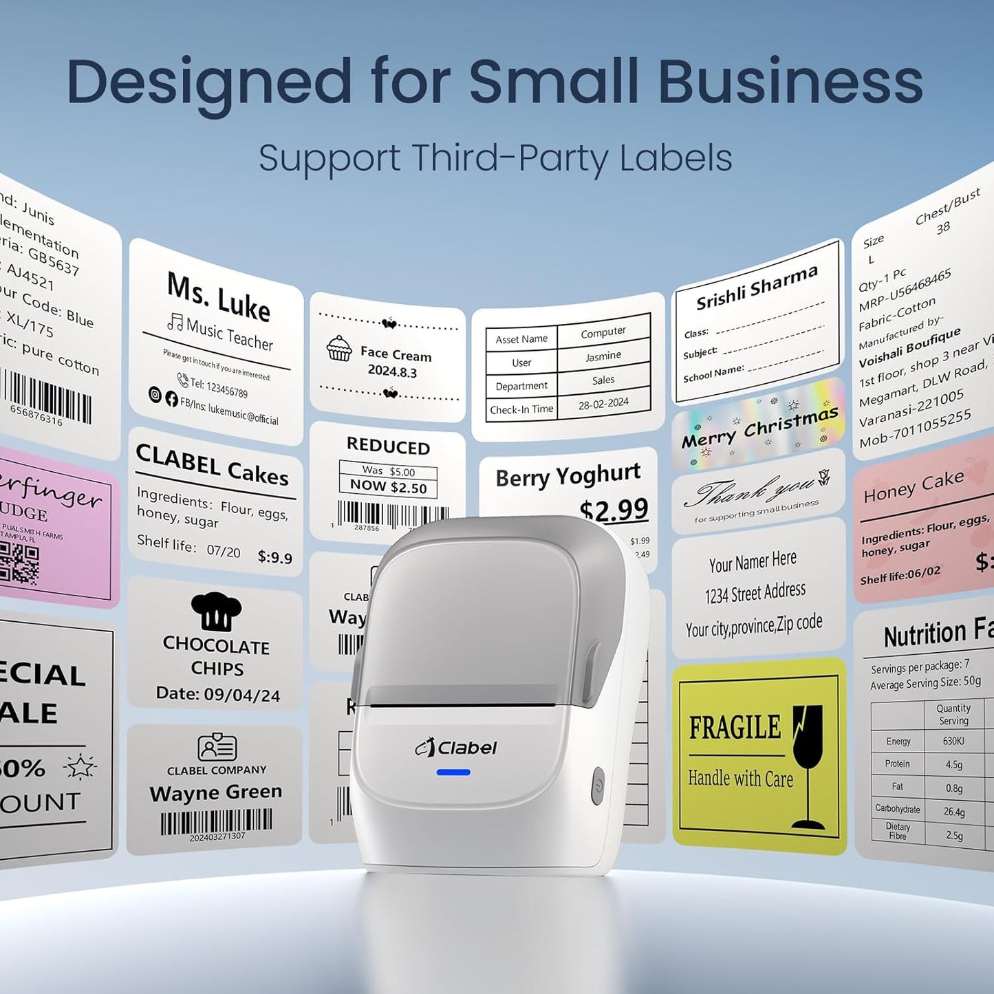 CLABEL Thermal Label Maker Machine: 221B Bluetooth Label Maker Mini Sticker Printer Barcode Printer Inkless Label Maker Compatible with Clothing Price Labeling with 1 Roll of 50x30mm Label(Gray White)