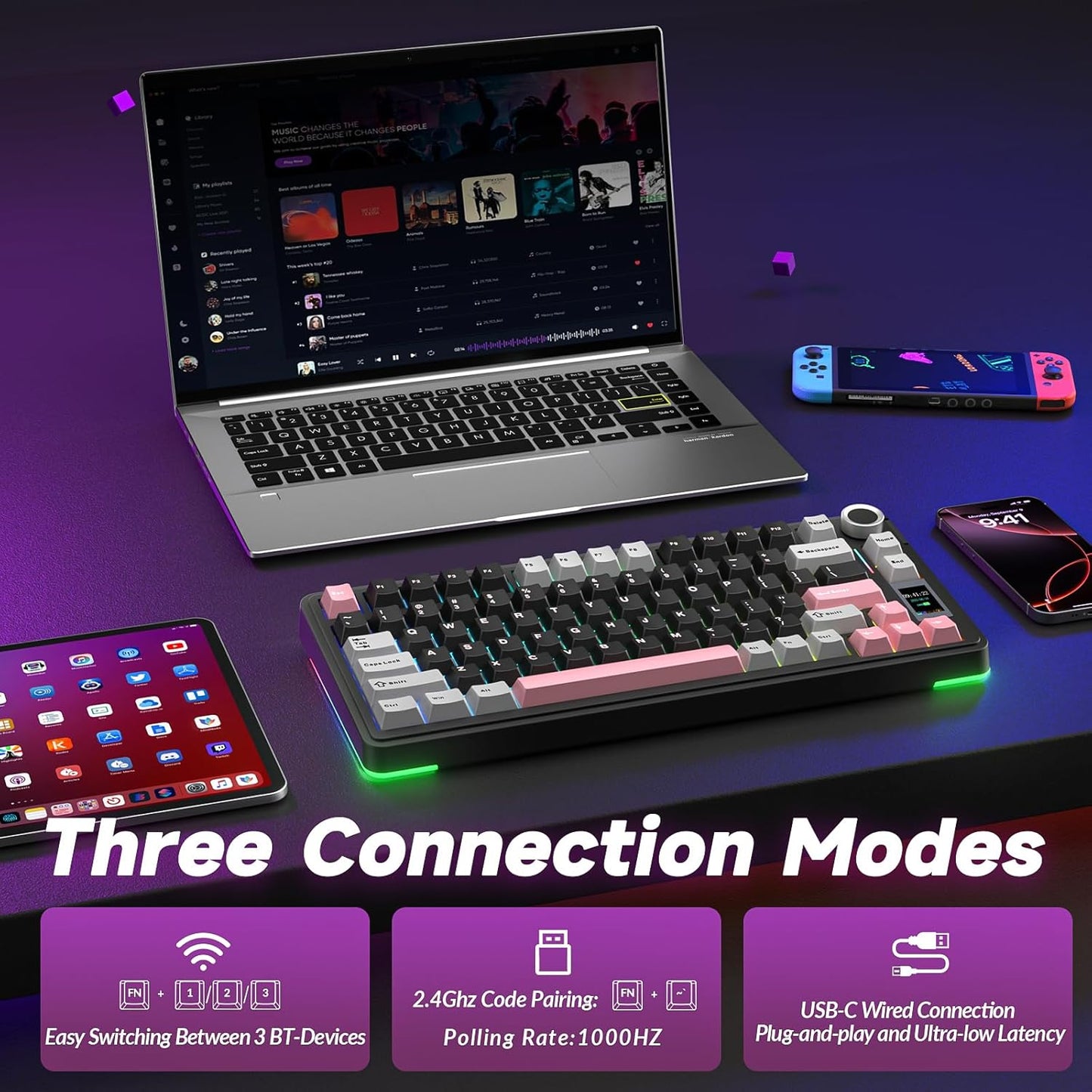 AULA S75 PRO Wireless Mechanical Keyboard with Screen&Knob, 75% Hot Swappable Gaming Keyboard with Pre-lubed Switches, RGB Backlit, PBT Keycaps Creamy Sounding Pc Gaming Keyboards