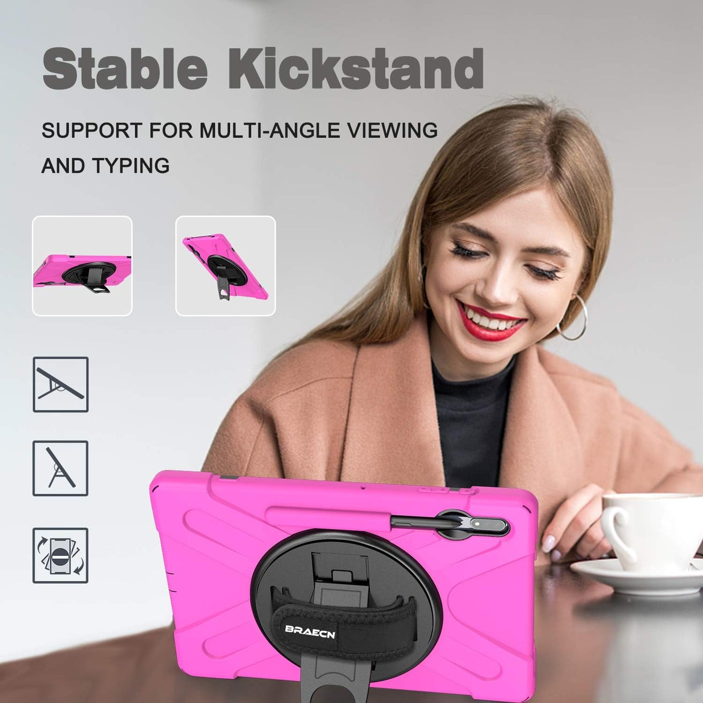 BRAECN for Samsung Galaxy Tab S10 Plus/S9 FE Plus/S9+/S7 FE /S7+/S8+ 12.4 inch Case with Carrying Shoulder Strap, S Pen Holder, Kickstand, Hand Strap for Galaxy Tab S10+-Pink