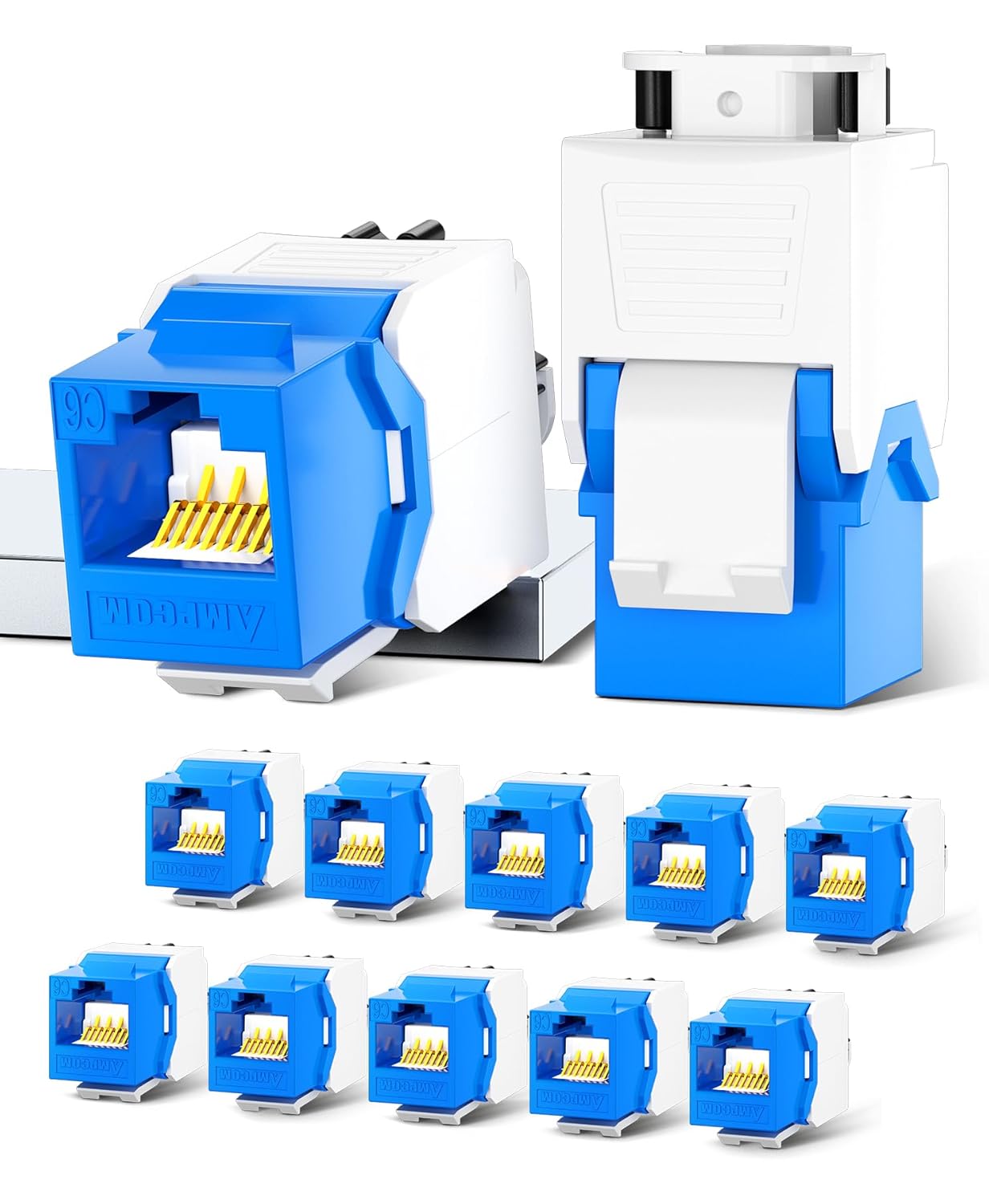 AMPCOM CAT6 RJ45 Keystone Jack - Reusable UTP Ethernet Wall Jack with Adjustable Ratchet Lock Design, No Tool and Zip Tie Required - 50u Gold Plated - Blue (12-Pack)