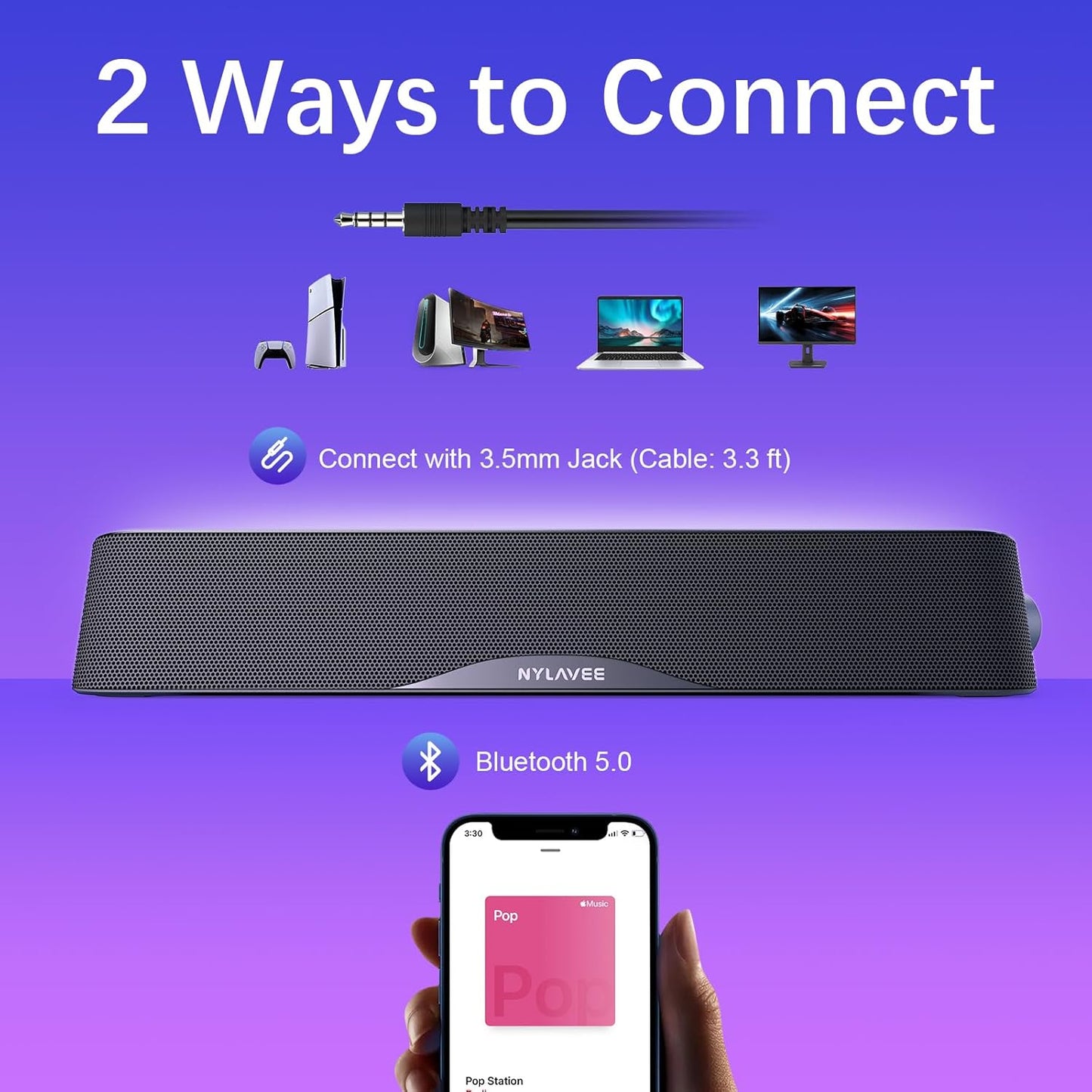 Computer Speakers, HiFi Sound Quality Computer Sound Bar, USB Powered PC Speakers, Bluetooth 5.0 and 3.5mm Aux-in Computer Speakers for Desktop, Laptops, PCs, Phones, Tablets, Xbox, Gaming Speakers