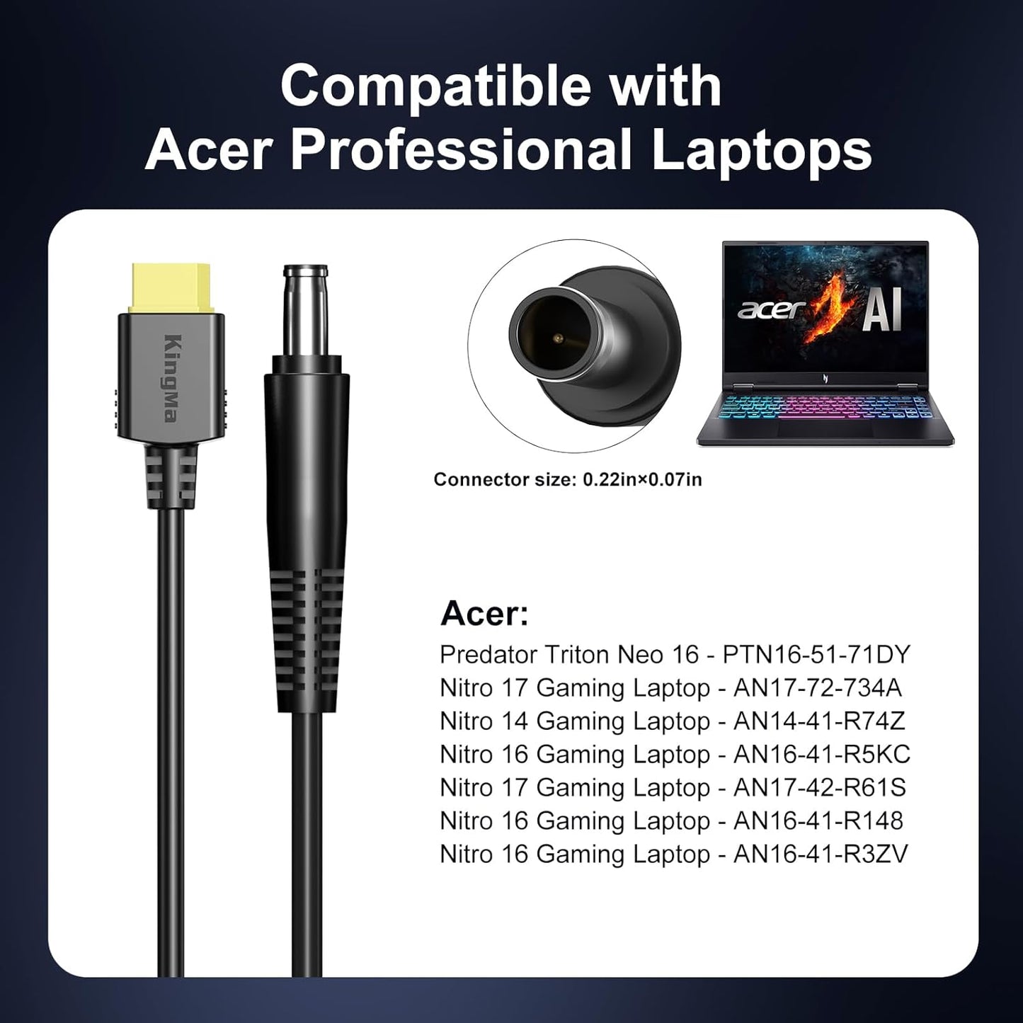 330W Acer Predator GaN Laptop Charger, PD 3.0 Fast (20V/16.5A) Charging Adapter for Gaming & Engineering Laptops with 55/17mm Cable Compatible with Predator Helios 300/500 Nitro 5/16 PH317-55/PH16-71