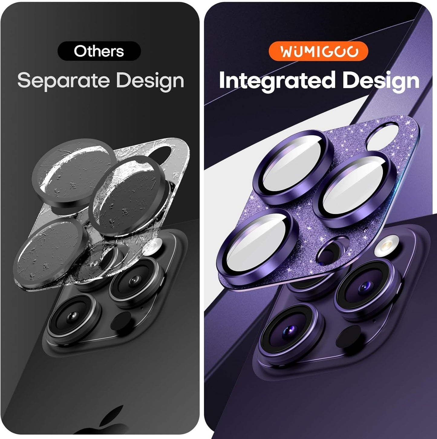 Camera Lens Protector for iPhone 16 Pro Max/16 Pro/15 Pro Max/15 Pro/14 Pro Max/14 Pro, Aluminum Alloy Sapphire Glass Camera Screen Cover, Case Friendly- Glitter Purple