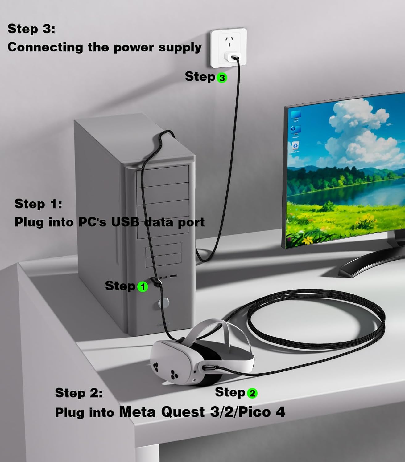 16FT VR Charging Link Cable | USB 3.0 High-Speed Data & Charge for Meta Quest 3S/3/2/Pro, Pico 4 and PC/SteamVR USB-C Charger Cord for VR Headset - Black