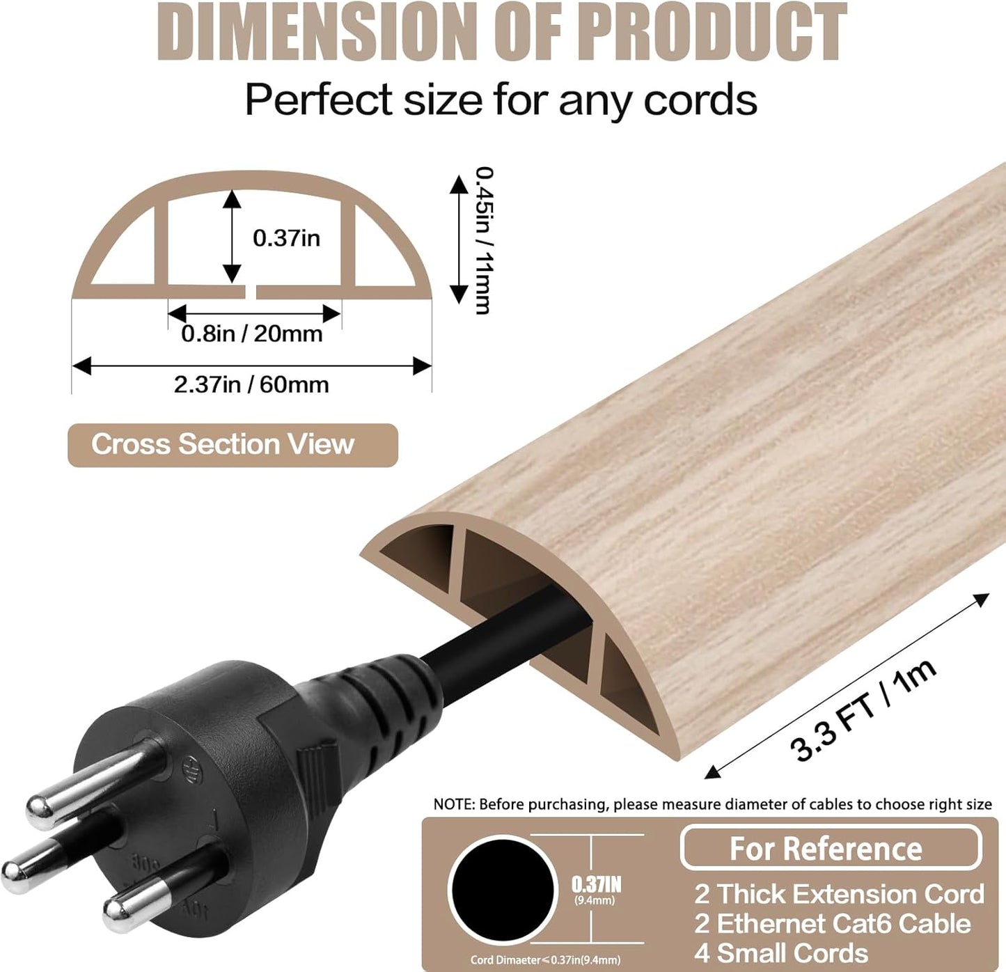 Floor Cord Cover Cavity 0.8"x0.37" Self Adhesive Cord Hider, 3.3FT Low Profile Cable Management, Extension Strip Protector for Wires, Prevent Cable Trips for Offices, Gyms (Wood Light Yellow)