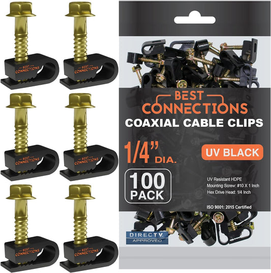 BEST CONNECTIONS Coaxial Cable Clips with Pre-Inserted Screw (2,500 Pack) – Black Single Cable Mounting Clamps for Coax Cable (RG6, RG59) and Ethernet Cable – Cord Fastener/Strain Relief Clip