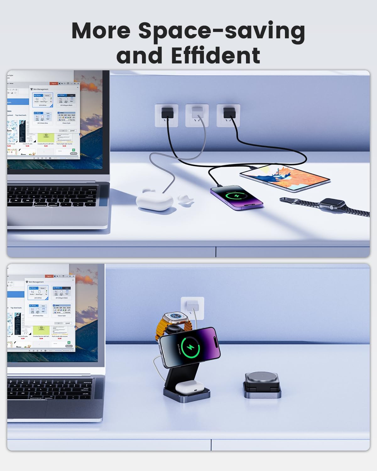 3-in-1 Wireless Charger for iPhone,15W Fast Wireless Charging Station Compatible with Mag-Safe Charger,Magnetic Foldable Travel Charger Stand Nightstand for iPhone 16/15/14/13/12,Apple Watch&AirPods