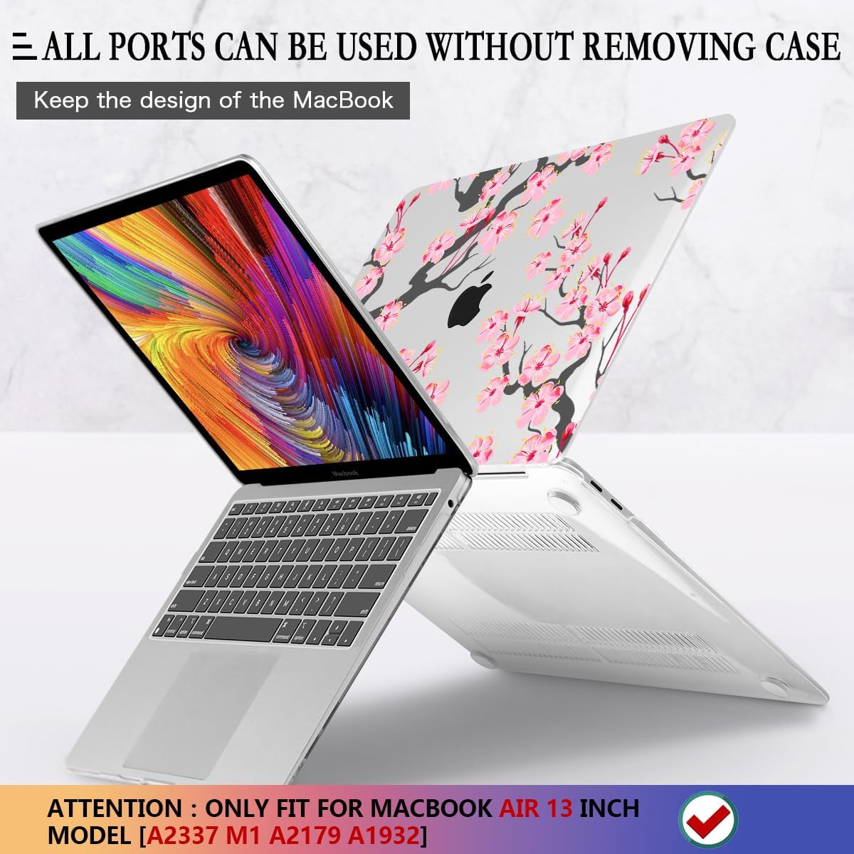 CISSOOK Hard Shell Case for MacBook Air 13 Inch A2337 M1 A1932 A2179 2021 2020 2019 2018 Released, Cherry Floral Beauty Cover with Keyboard Cover + Screen Protector for 2021 Air 13-Cherry Blossoms