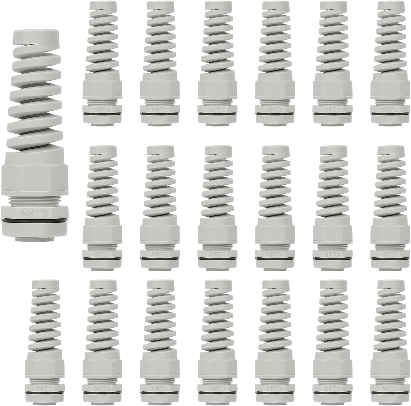 LeMotech 20Pcs NPT 1/2" IP68 Waterproof Cable Gland Flex Spiral Strain Relief Grey Nylon Joint with Gaskets for 6-12mm Wire Thread