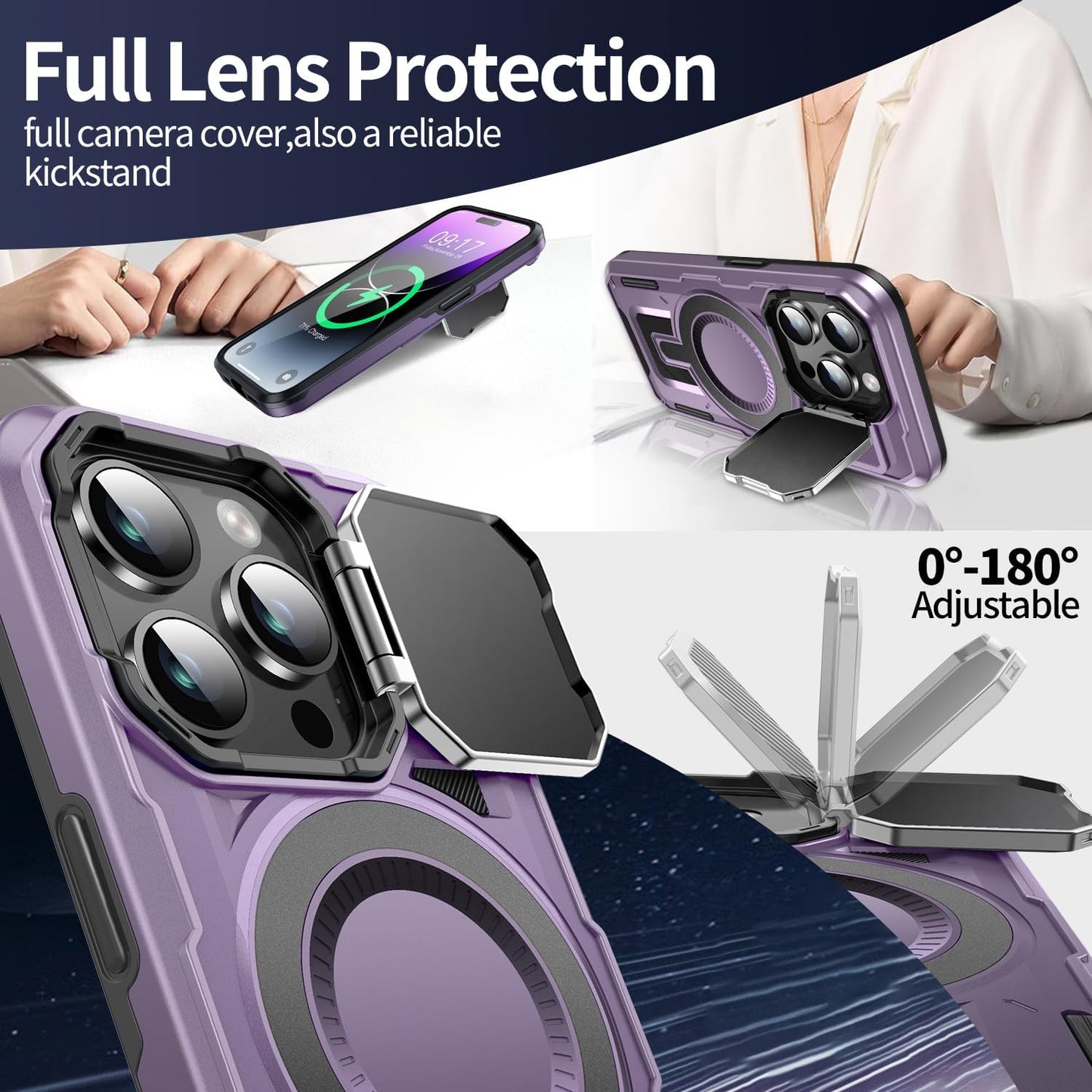 Camera Stand Case for iPhone 14 Pro, [Compatible with Mag Safe] [Lens Cover] 2024 Version Military Grade Protective Soft Case for iPhone 14 Pro 6.1 inch Men Women, Purple