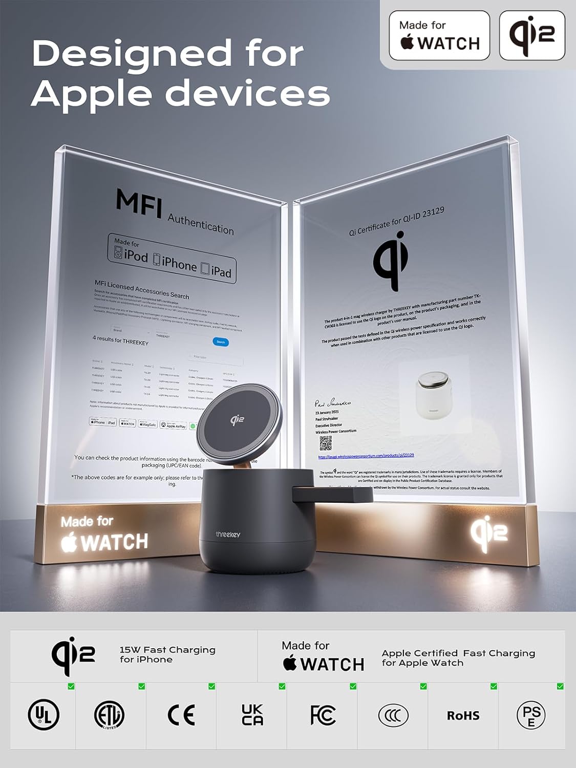 MFI Certified by Apple, 4 in 1 Magsafe Wireless Charging Station, Qi2 15W Magsafe Charger for iPhone 17/16/15/14/13/12 Series, iWatch, Airpods, iPad, 65W Charger Included (Black, 3 in 1)