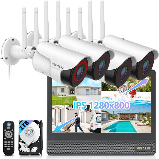 5MP Wireless Security Camera System with 10" Monitor, Outdoor WiFi Home Video Cameras Systems Surveillance DVR Kits