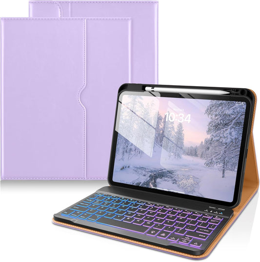 DTTO for iPad 11th (A16)/ 10th Generation Case with Keyboard (2025/2022), 7 Colors Backlit Wireless Detachable Keyboard Leather Folio Cover with Pencil Holder & Pocket, Lavender