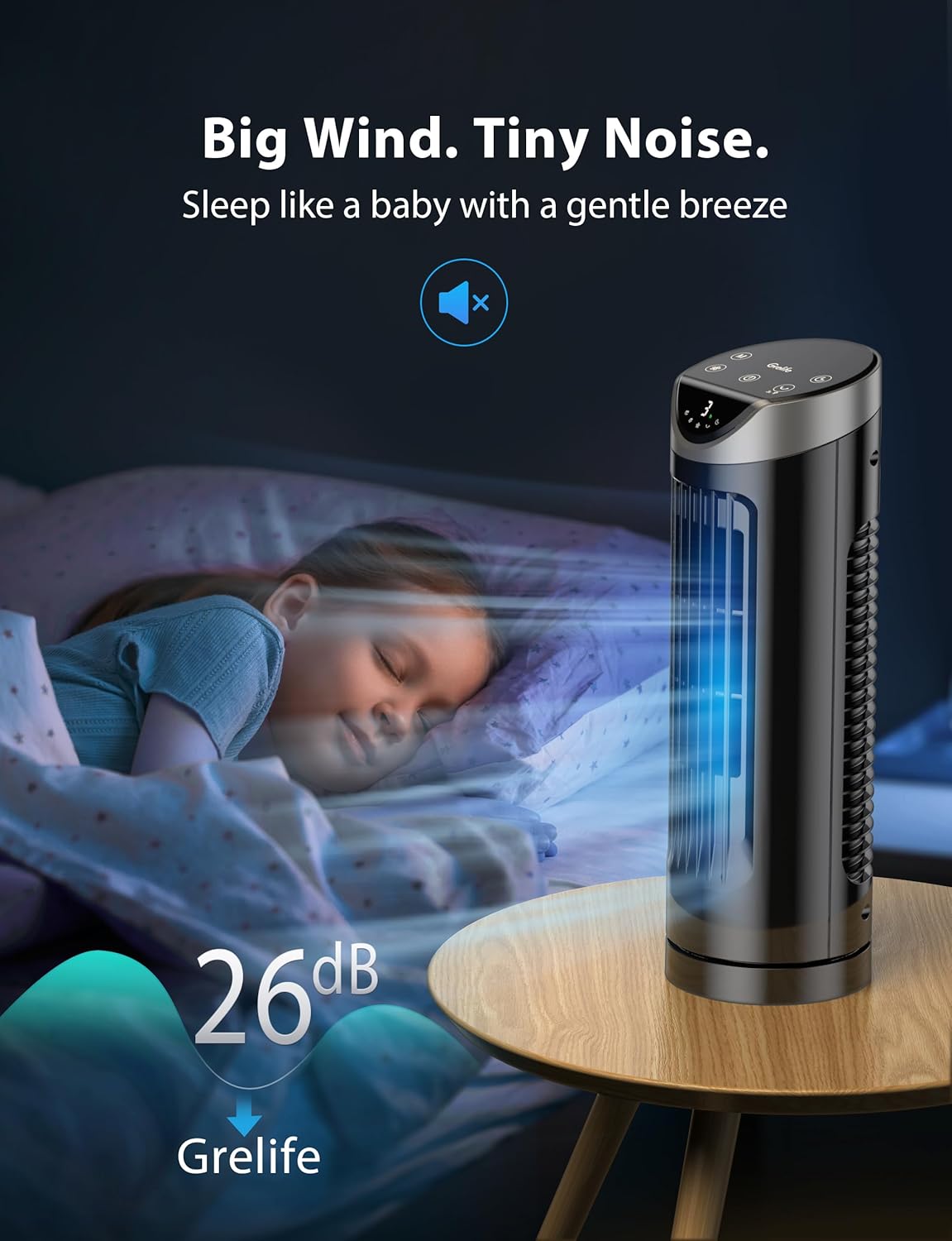 Grelife 13" Electronic Tower Fan with Remote Control, 3 Speed & 3 Modes, 90° Oscillation, LED Display, 7.5H Timer, Quiet Bladeless Cooling – Portable Space-Saving for Bedroom Office, Home