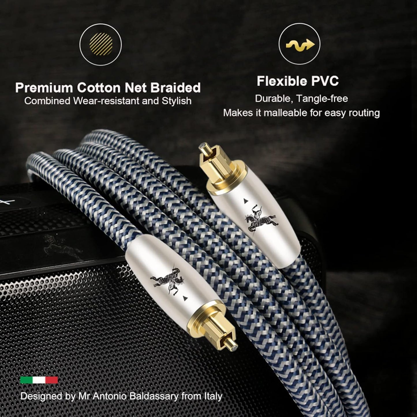 Digital Fiber Optic Audio Cable for Sound Bar Toslink Cord Male to Male 24K Gold Plated Connector Optical Audio Cable 6ft 10ft S/PDIF Glass Core, 9.84feet/3M IMP-2201