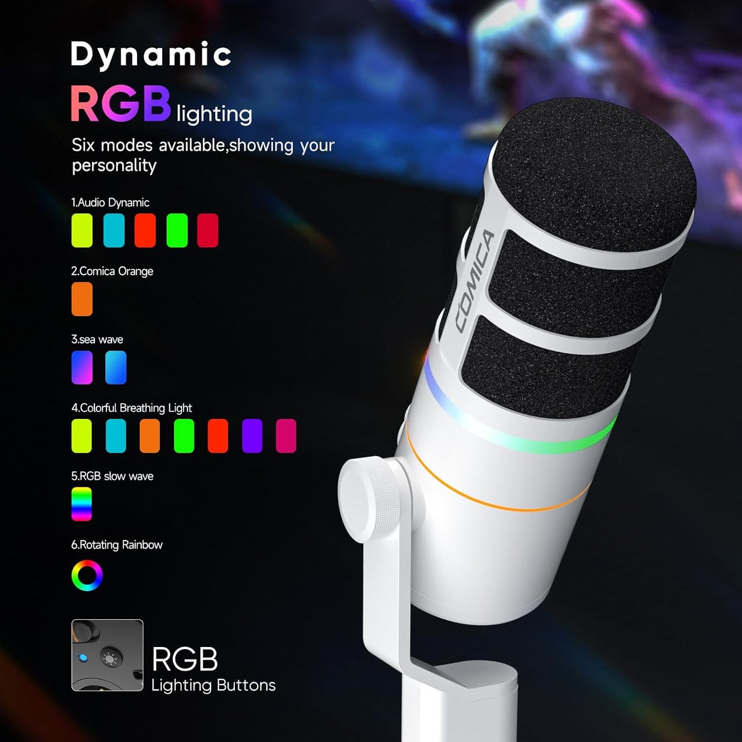 EJoy D10 PRO(D) Wireless USB Gaming Microphone – RGB Dynamic Mic with Wired/Wireless Modes, XLR/USB-C, Real-Time Monitoring, 45H Battery, Studio Mic for Gaming, Streaming, Podcast, Recording (White)