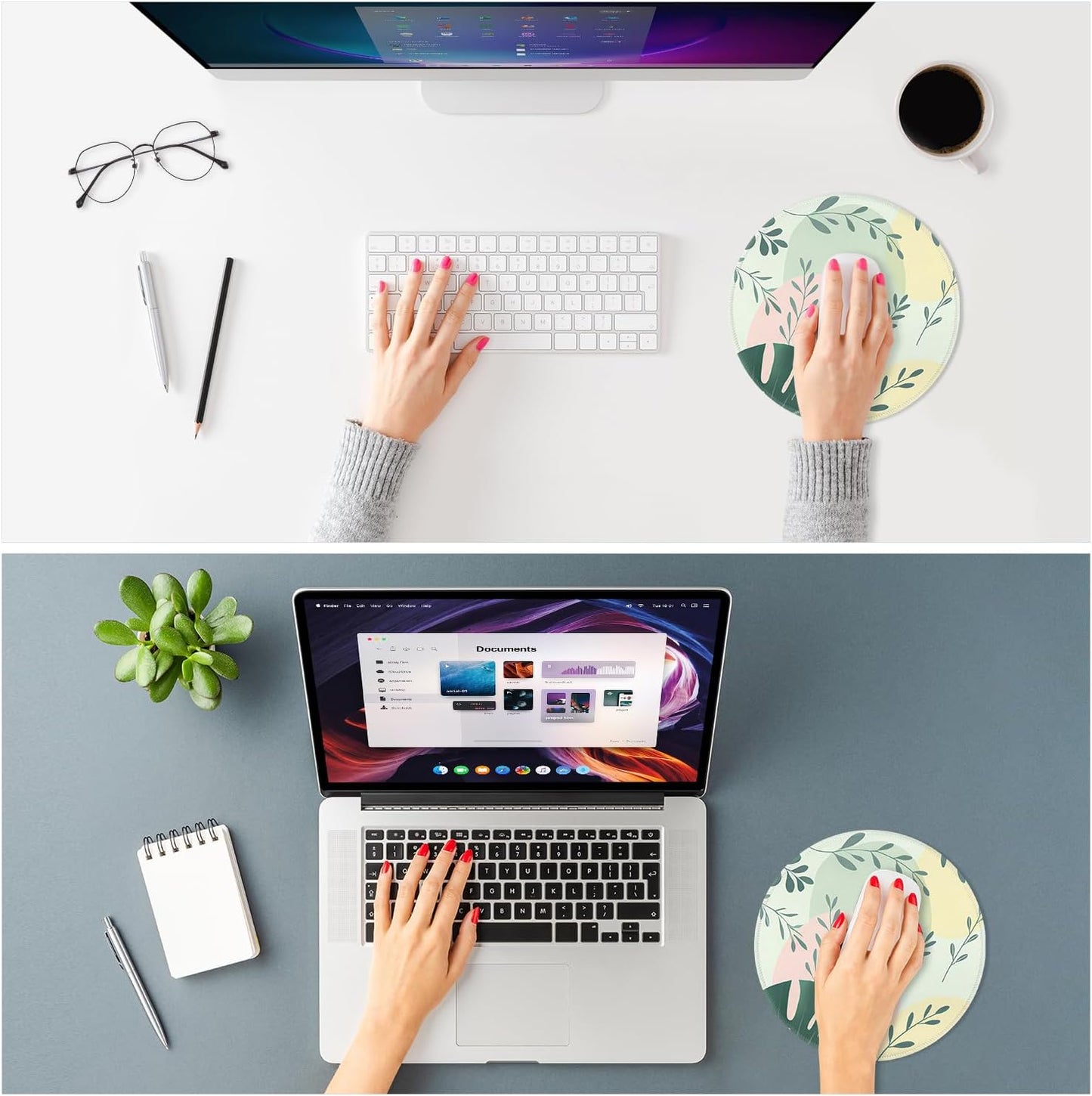 ITNRSIIET Mouse Pad Non-Slip Rubber Base Smooth Surface Stitched Edges Waterproof Durable Compatible with All Mice for Office & Gaming, Desk Accessory, Diameter 8.7 inch, PastelFoliage