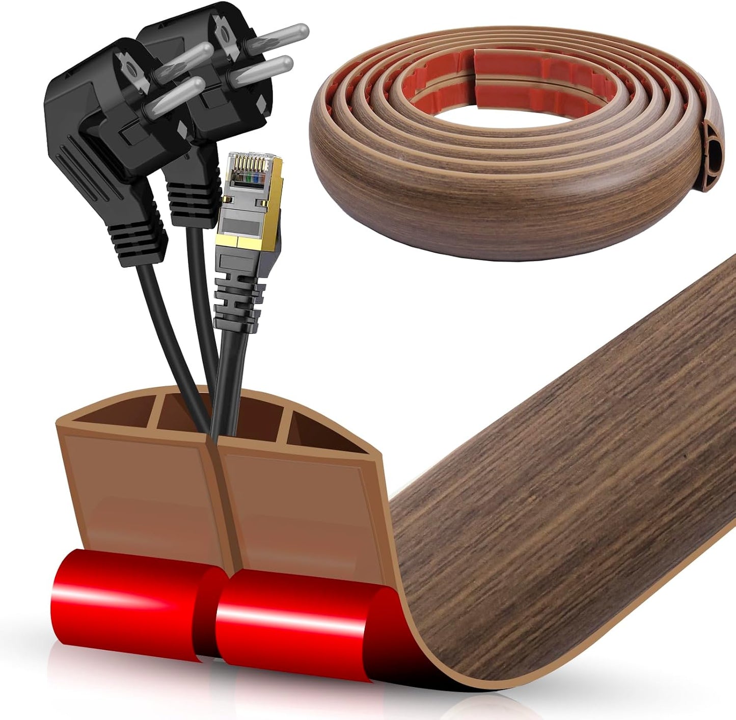 Floor Cord Cover Cable Cavity Self Adhesive Cord Hider Floor Floor Cable Management Power Cord Protector Floor Electric Cord Covers for Offices, Gym, Exhibitions (Misty Brown Wood, 2.36" x 10')