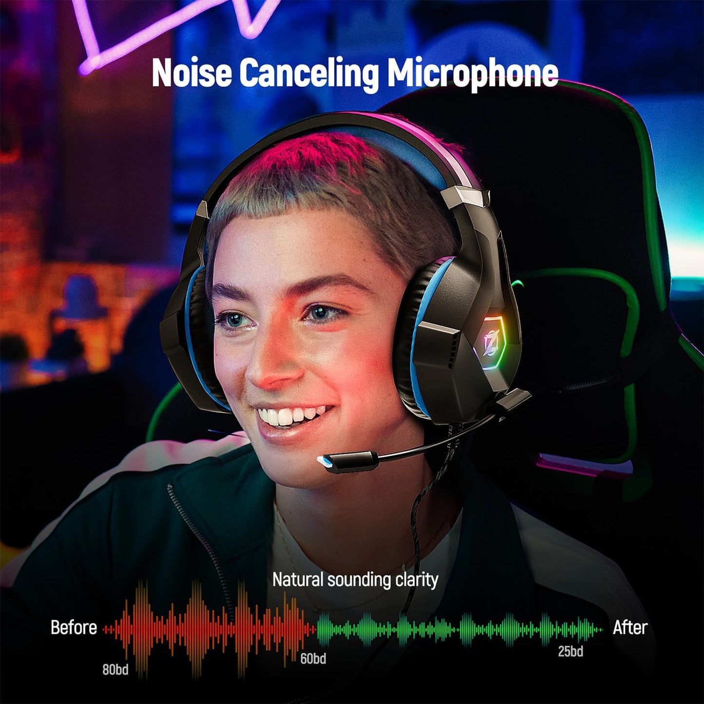 Gaming Headset for PC, Ps4, Ps5, Xbox Headset with 7.1 Surround Sound, Gaming Headphones with Noise Cancelling Mic RGB Light Over Ear Headphones for Xbox Series X/S, Switch-Blue