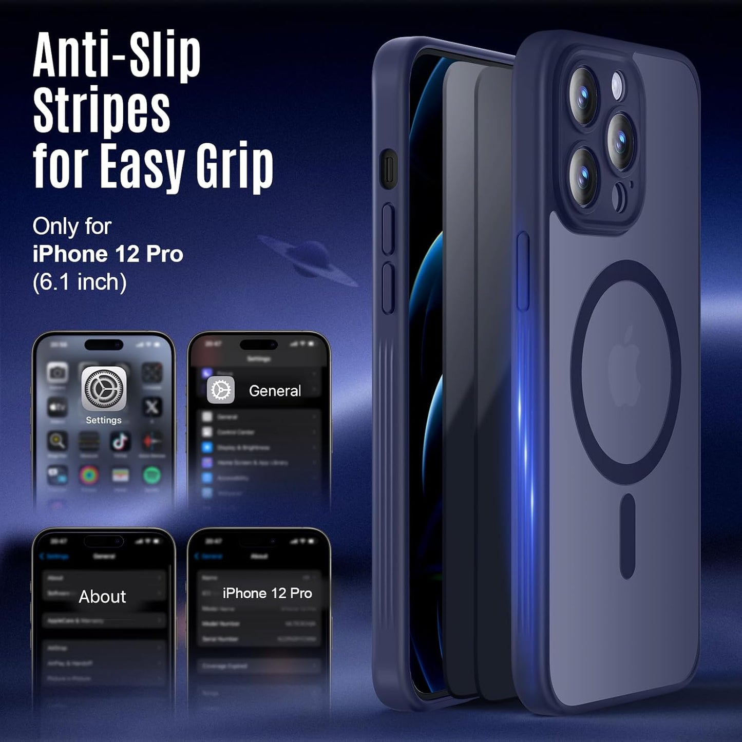 Designed for iPhone 12 Pro Case, Compatible with MagSafe, with Privacy Screen Protectors X2, [Camera Protection] [15FT Military Drop Protection] Shockproof Phone Case, 6.1", Navy Blue