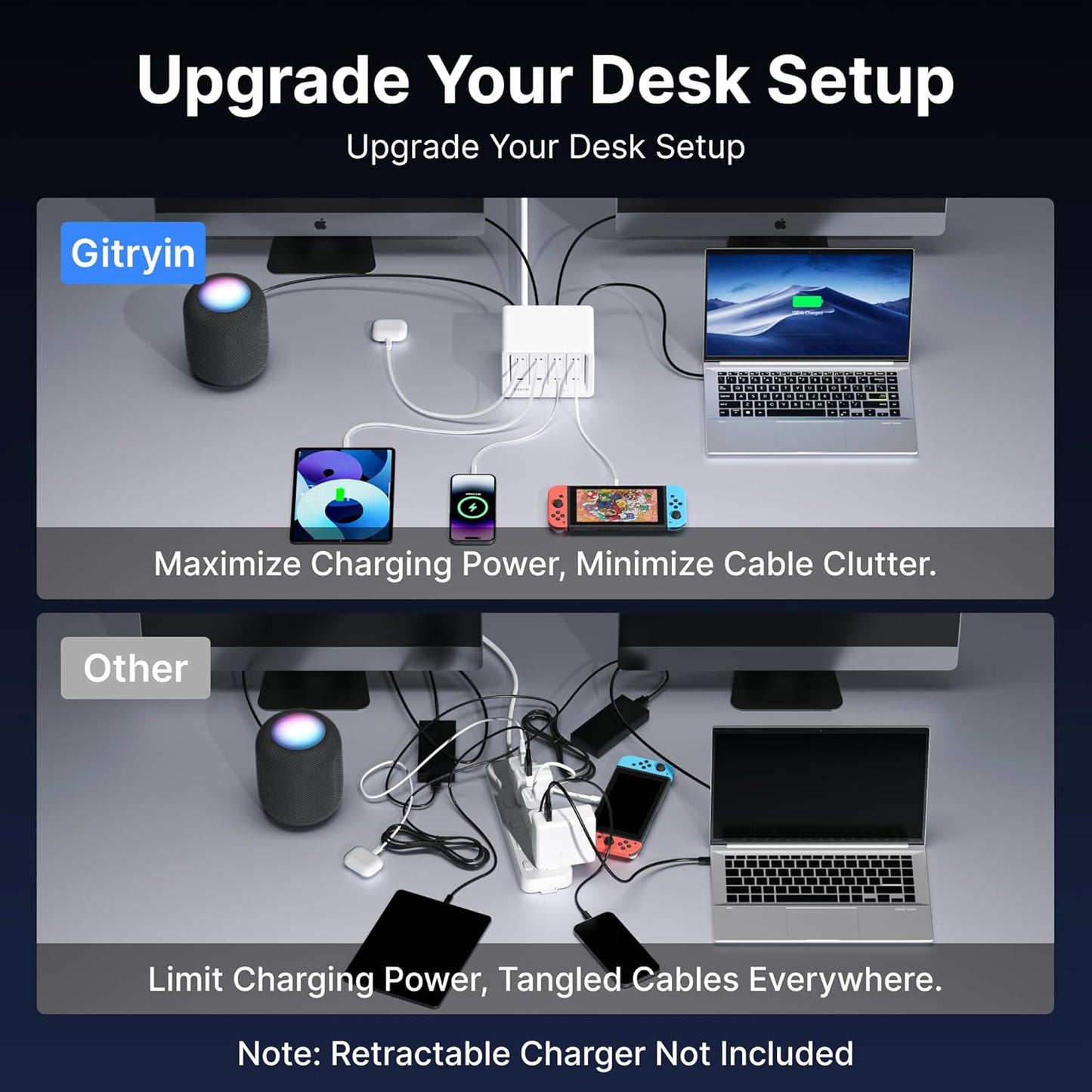 Gitryin 1 Micro USB Retractable Wall Charge and 11-in-1 Desktop Charging Station with 3 Type-C Retractable Wall Chargers