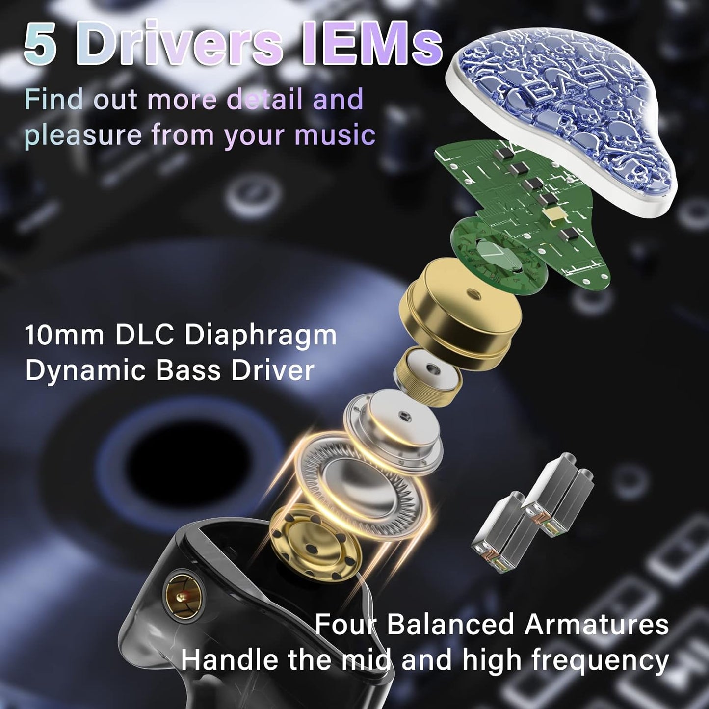 BASN Bmaster5 in Ear Monitors, 1DLC Diaphragm+4BA 5 Drivers IEM Earphones with Silver-Plated OFC Cable, Noise Isolation Wired Earbuds for Musicians (Baltic Blue)