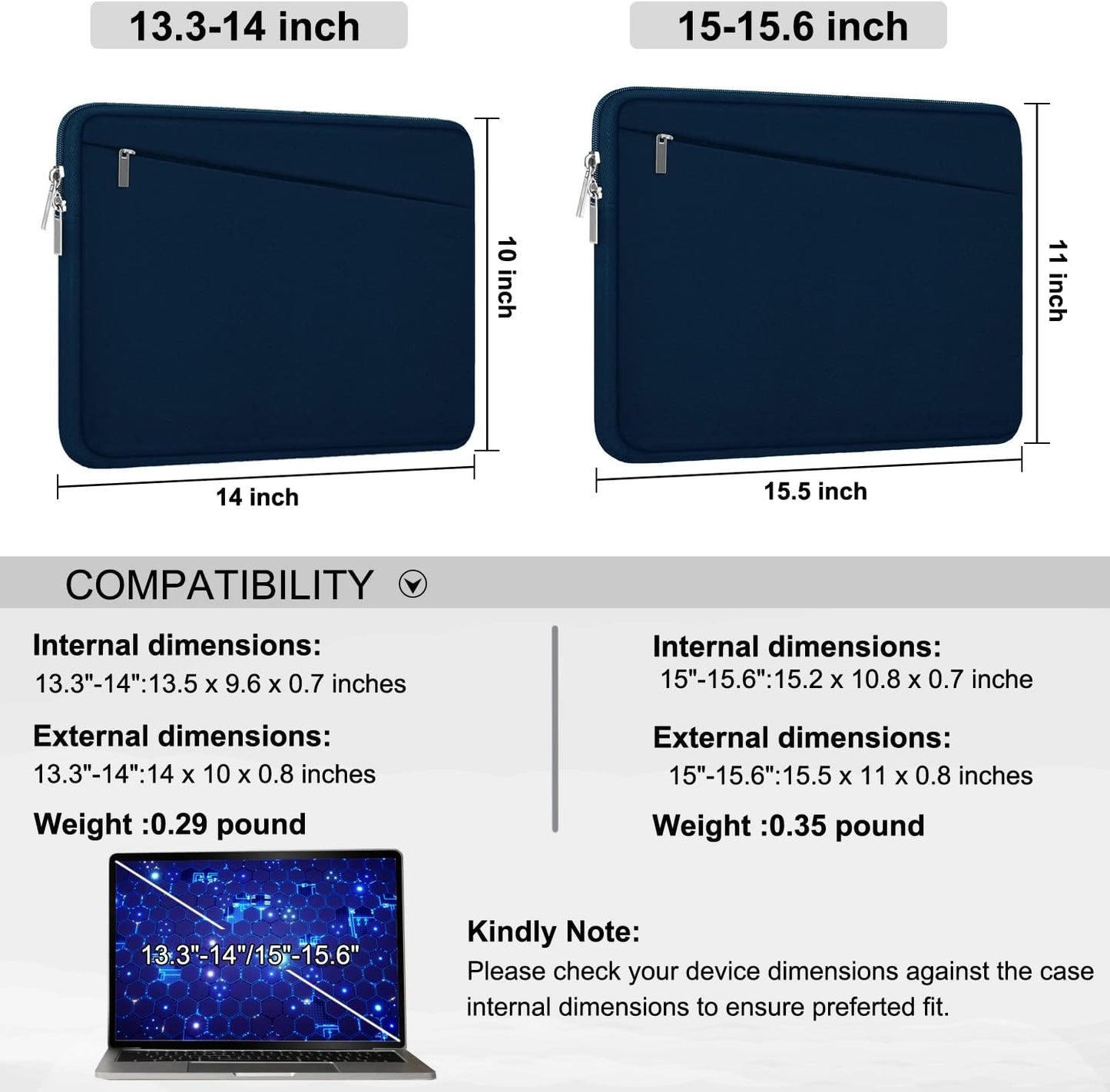 Laptop Sleeve Case, 15.6 inch, Durable Computer Carrying Bag Protective Case Briefcase Handbag with Front Pocket, Slim Laptop Cover for 15.6 Inch HP, Dell, Lenovo, Asus, Notebook, Blue