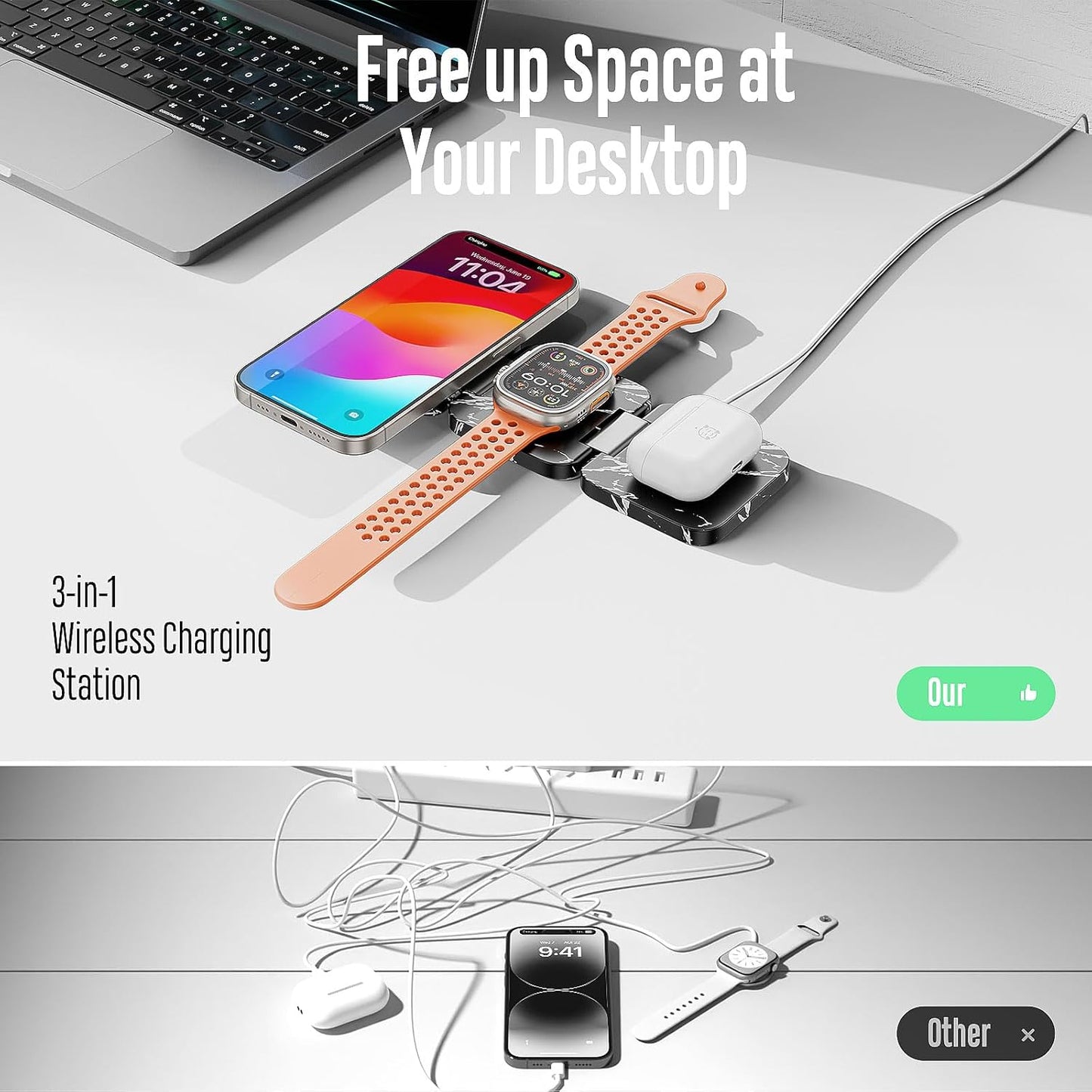 Fast Wireless Charger, Magnetic Foldable 3 in 1 Charging Station for iPhone 16/15/14/13/12/Pro/Plus/Pro Max, 5W Portable Charger for Apple Watch9/8/7/6/5/4/SE, for Airpods