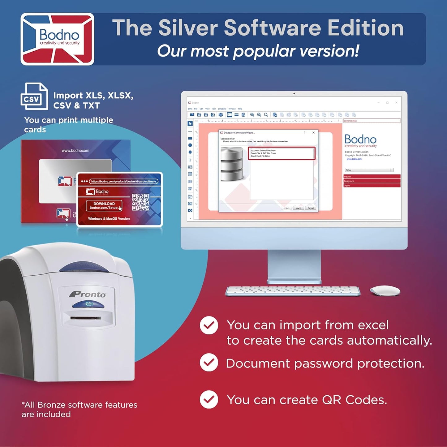 Bodno Magicard Pronto ID Card Printer & Super Supplies Package ID Software, Camera, 300 Cards and 300 Print Ribbon - Silver Edition
