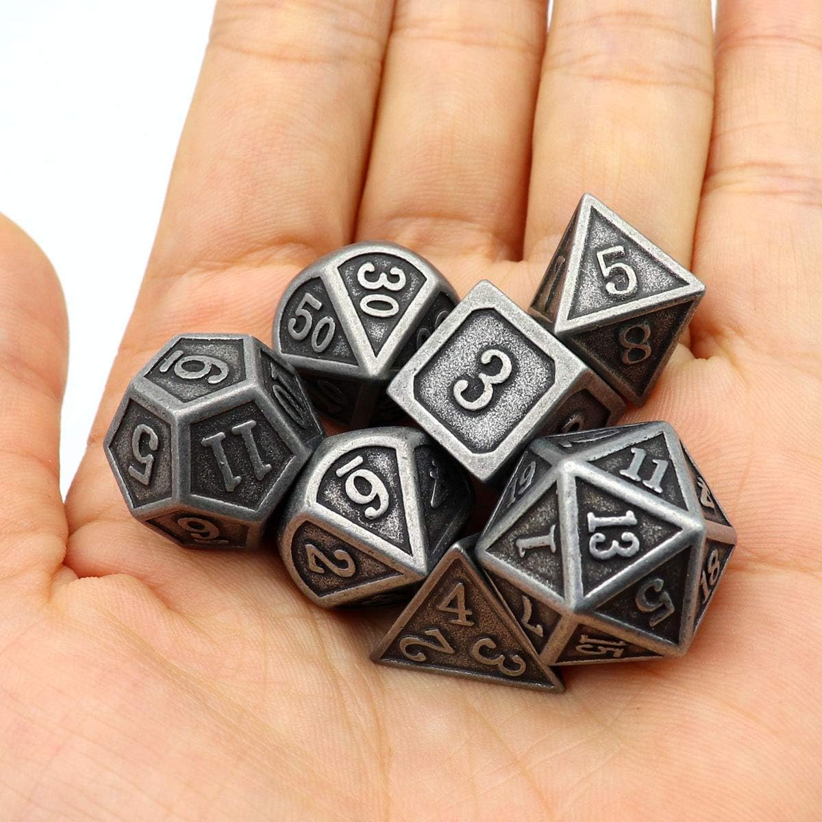 Haxtec Antique Iron Metal DND Dice Set Silver D&D Polyhedral Dice W/PU Leather Dice Bag Compatible with Dungeons and Dragons Gift TTRPG