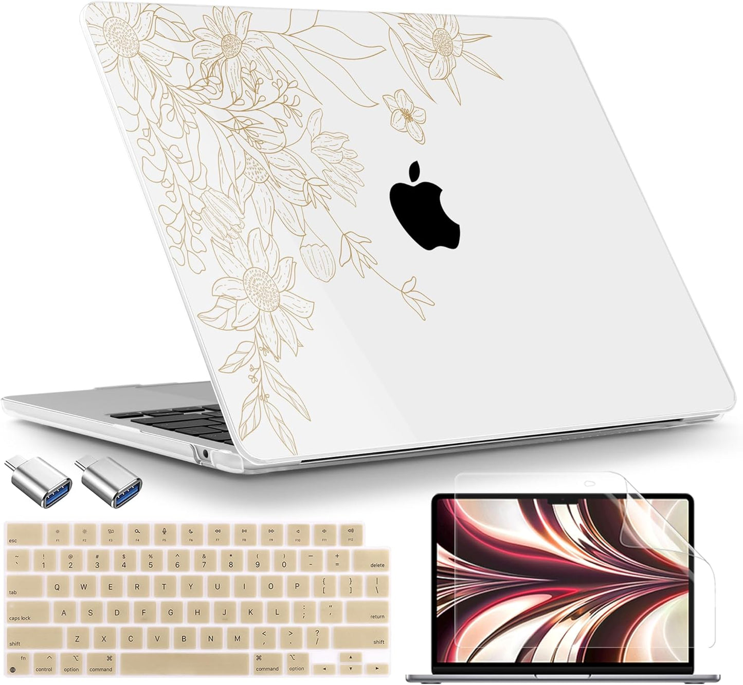 TWOLSKOO Compatible with M4 MacBook Air 13.6 inch Case 2025-2022 Release M4 A3240 M3 A3113 M2 A2681, Plastic Hard Shell & Keyboard Cover & Type C Adapter & Screen Protector, Monoline Floral
