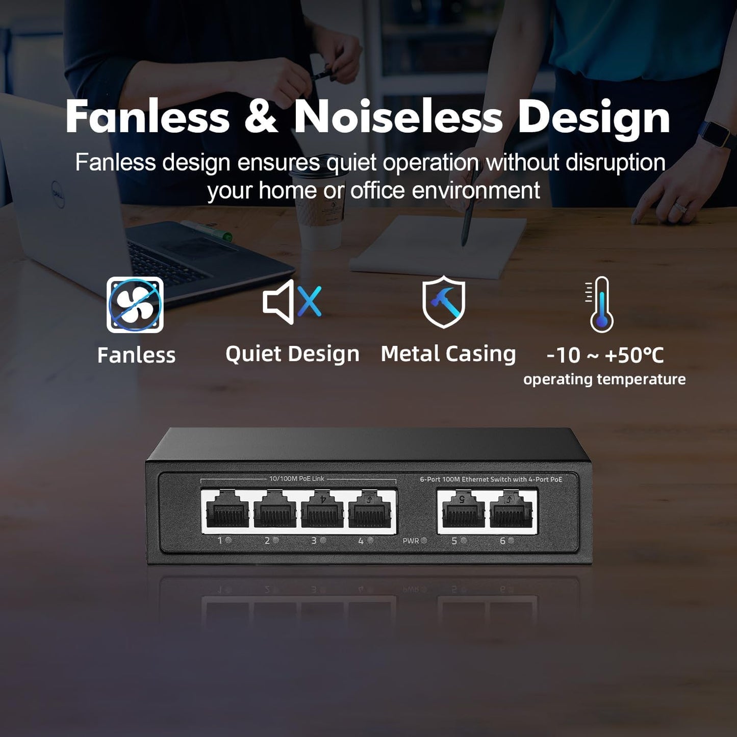 6 Port Mini PoE Switch with 4 PoE+, 2 Uplink, 10/100Mbps Ethernet, 65W 802.3af/at PoE, Fanless Metal Plug & Play PoE+ YuLinca Network Switch