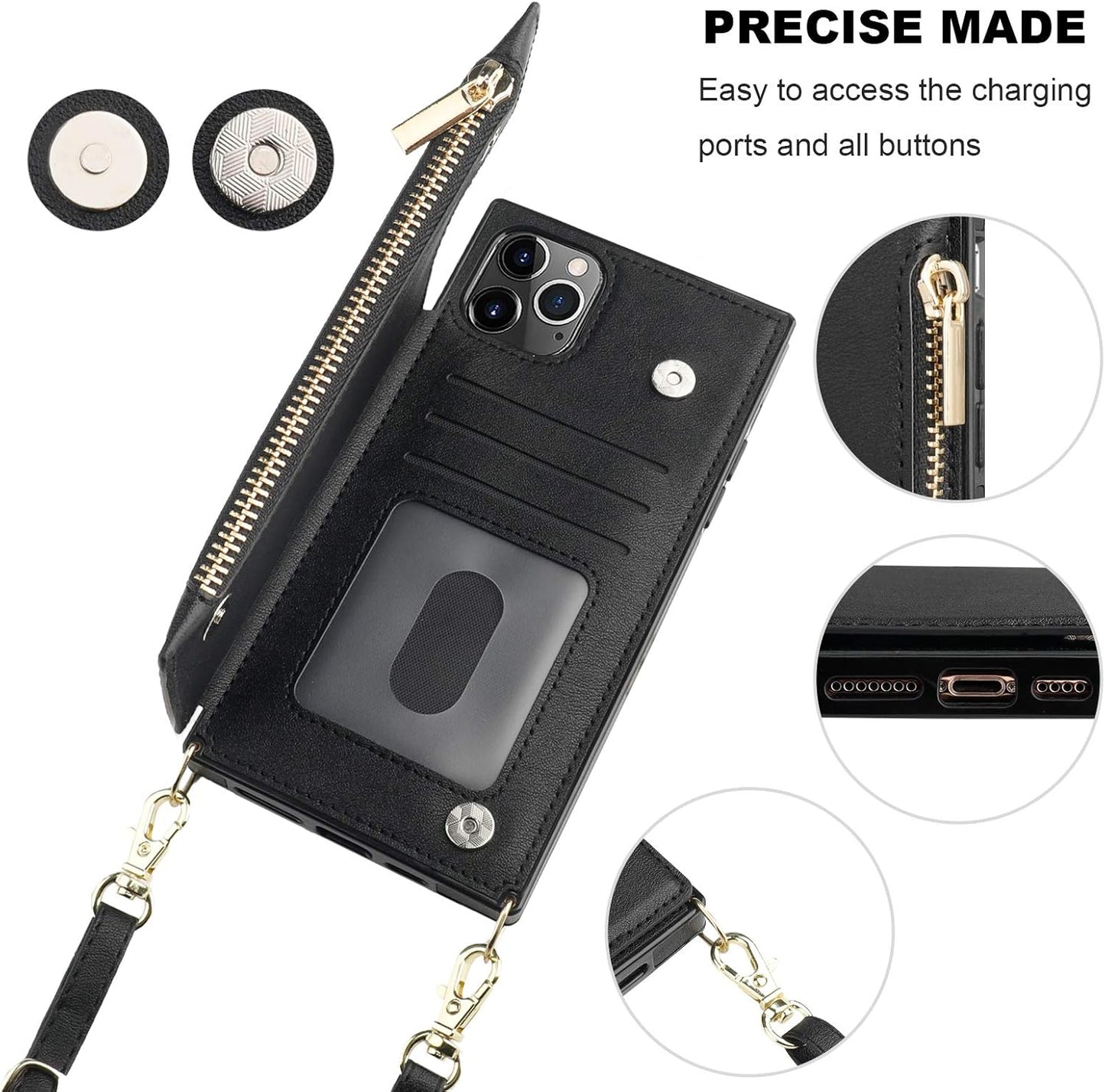 Bocasal Crossbody Wallet Case for iPhone 11 Pro Max with Card Holder,Zipper Card Slot Protector Shockproof Purse Cover with Removable Cross Body Strap 6.5 Inch(Black)