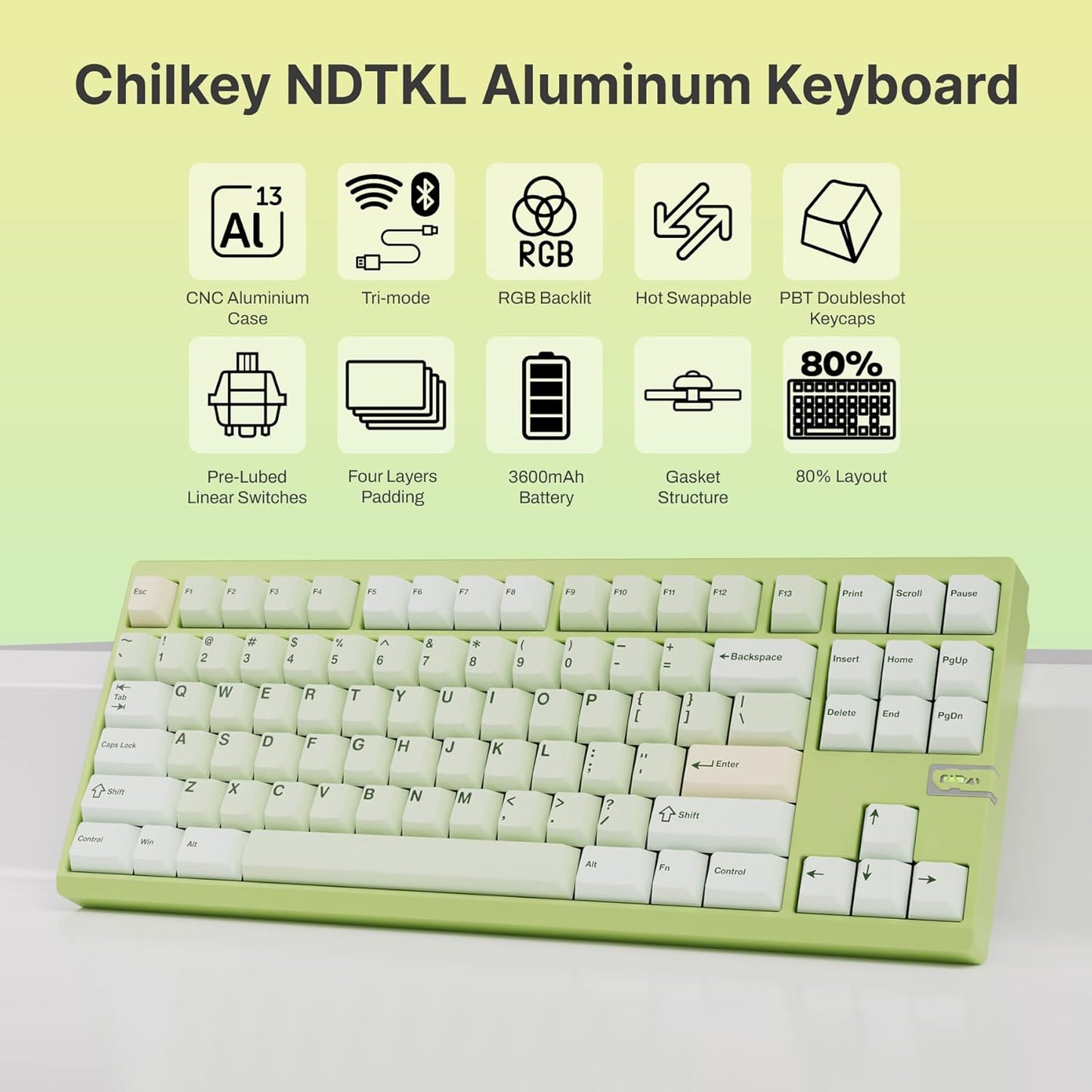 Chilkey ND TKL Aluminum Mechanical Keyboard, 87 Keys Tenkeyless Wireless Gaming Keyboard, Tri-Mode BT5.3/2.4GHz/USB-C PBT Keycaps Hot Swappable Custom Key Board for Windows Laptop Office PC