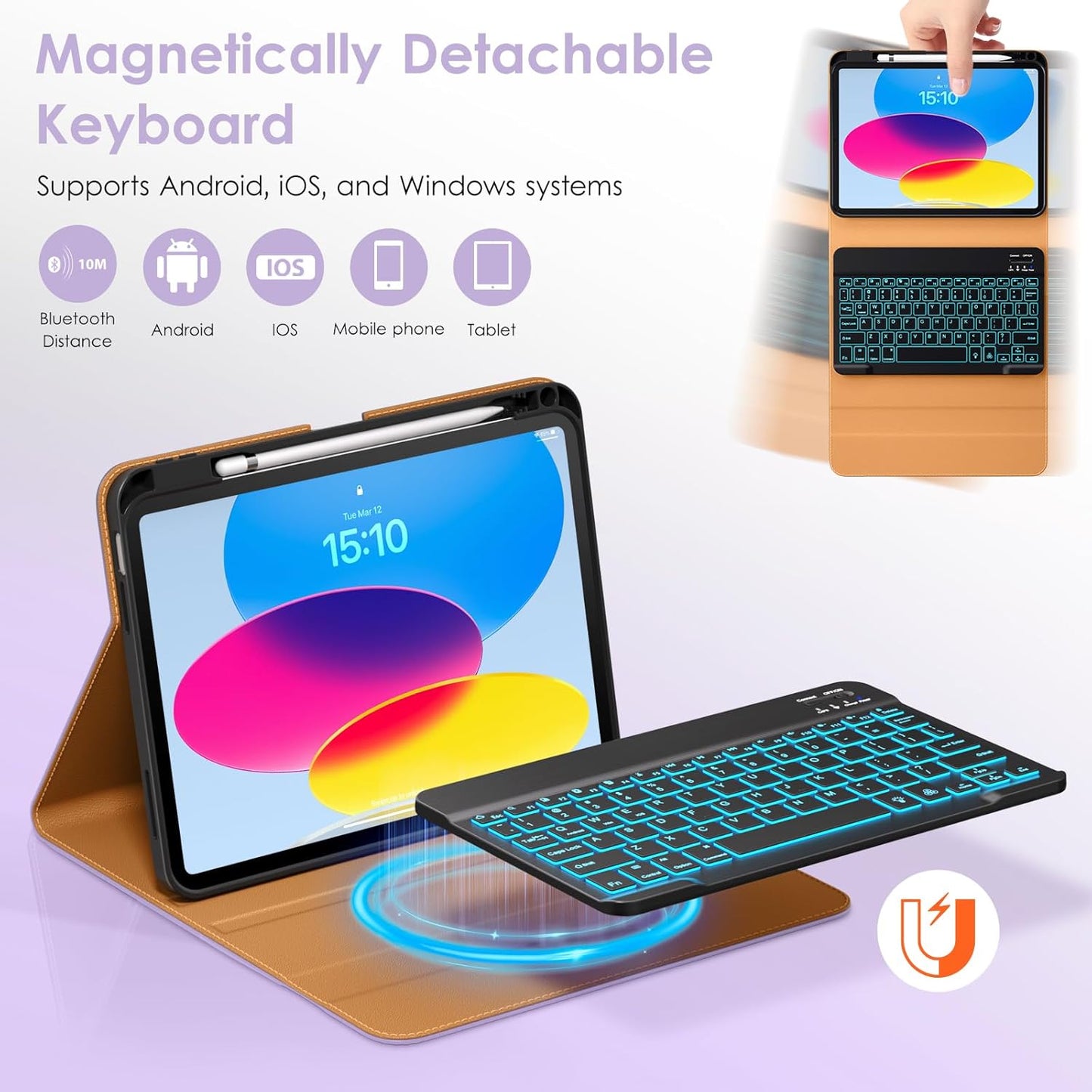DTTO for iPad 11th (A16)/ 10th Generation Case with Keyboard (2025/2022), 7 Colors Backlit Wireless Detachable Keyboard Leather Folio Cover with Pencil Holder & Pocket, Lavender