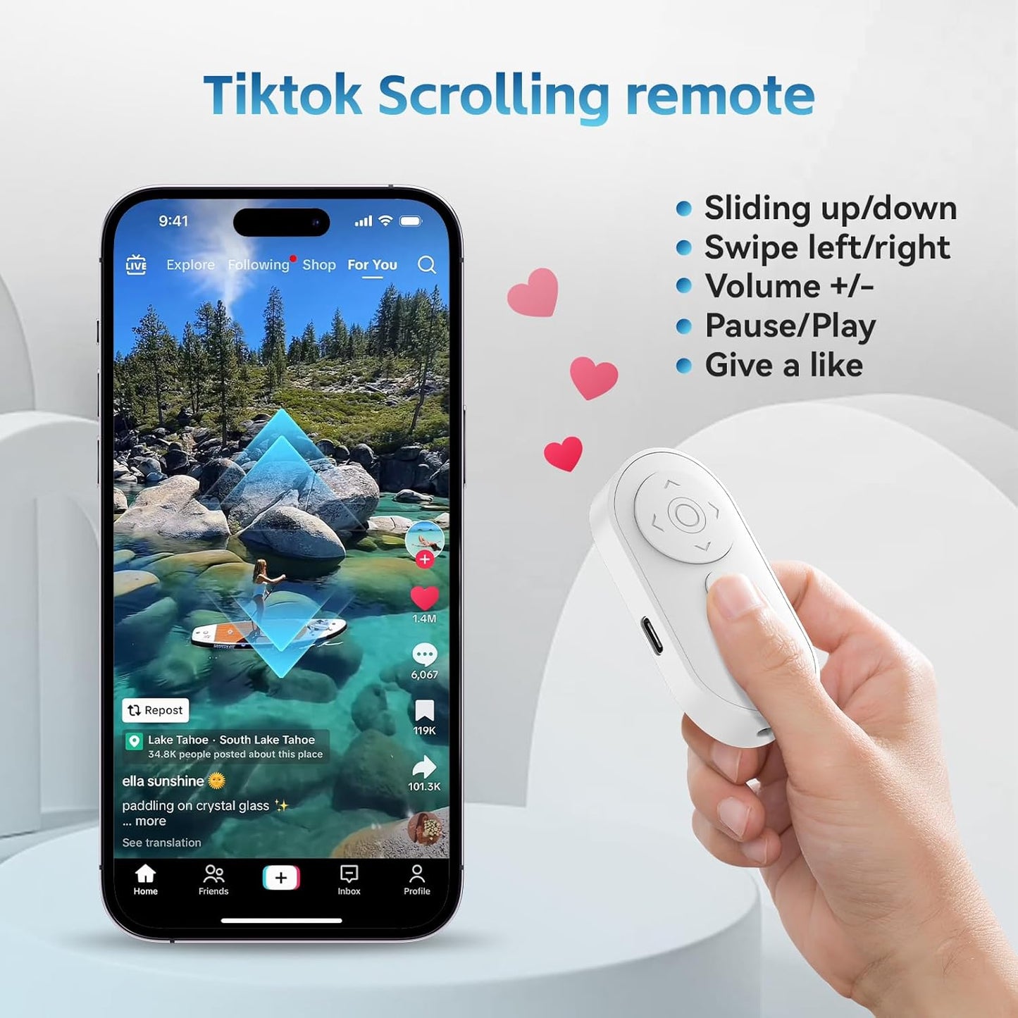 Bluetooth Camera Remote Shutter with Zoom and Front/Rear Camera Switch for Photo and Vlogging,Cllphone Remote Clicker for iOS & Android Smartphone, Wireless Video Scrolling for Tiktok