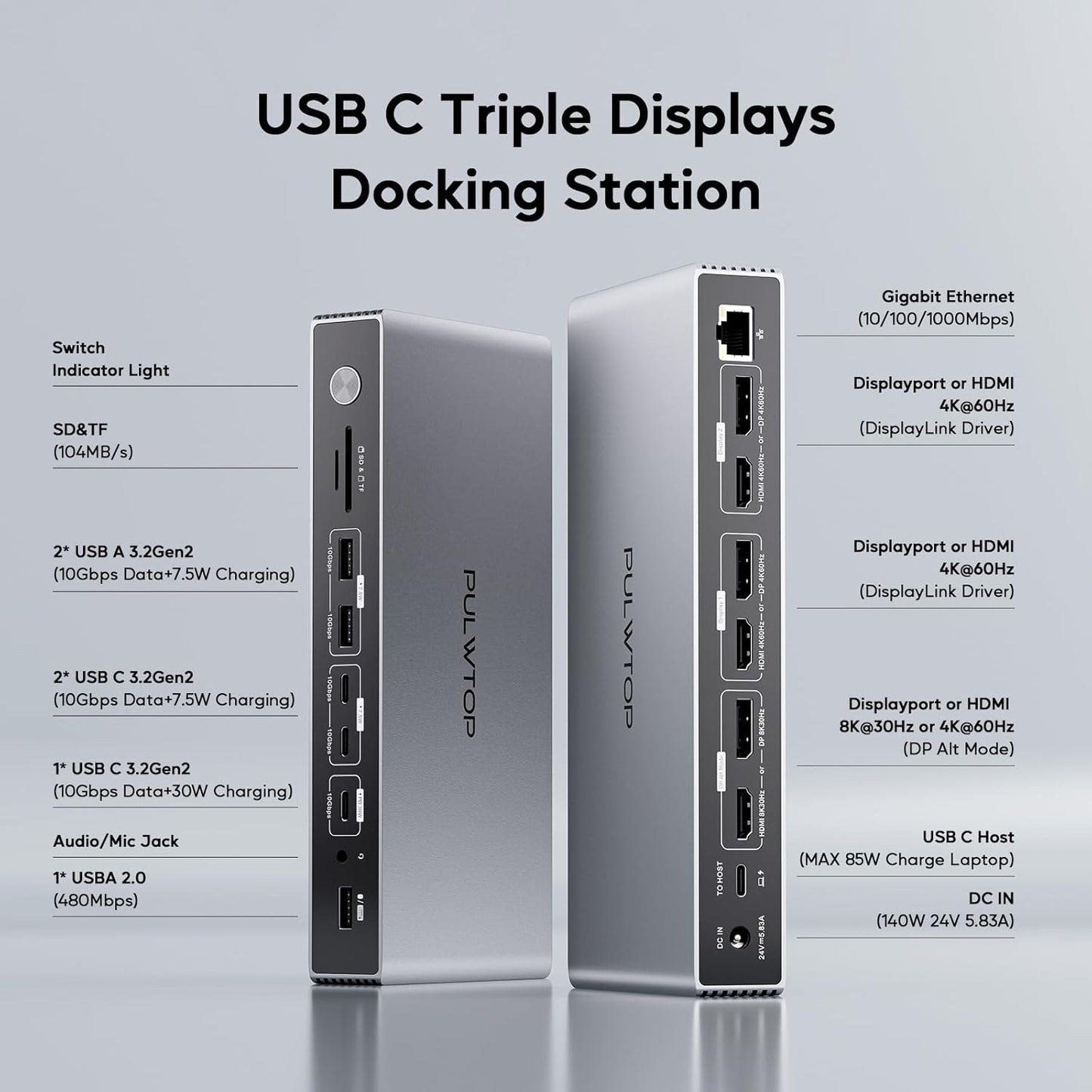 Displaylink Docking Station, PULWTOP USB C DisplayLink Dock Triple Displays for MacBook M1/M2/M3/M4 Windows, 8K/4K@60Hz Displaylink Dock with 3HDMI, 3 Display Port, PD 30W,USB A/C 10Gbps, Ethernet